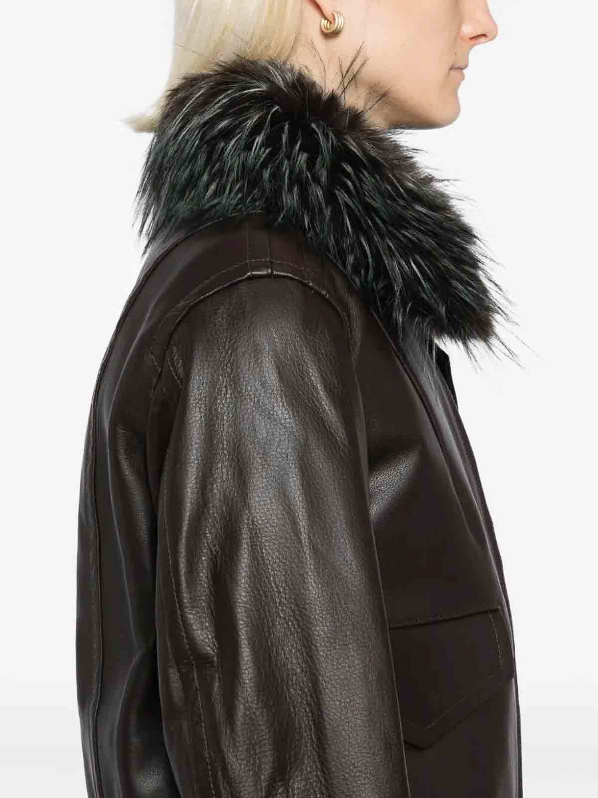 Sacai Faux Fur-collar Leather Jacket In Brown