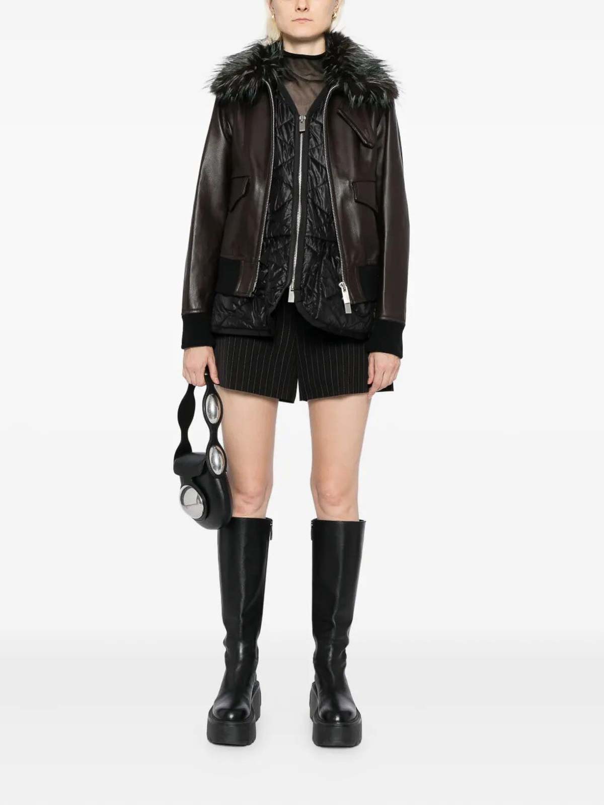 Sacai Faux Fur-collar Leather Jacket In Brown