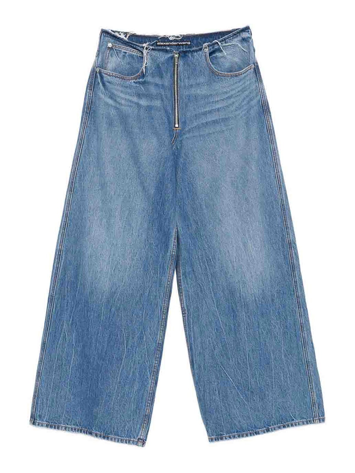 Alexander Wang Frayed Waist Wide Leg Zip-up Jeans In Blue