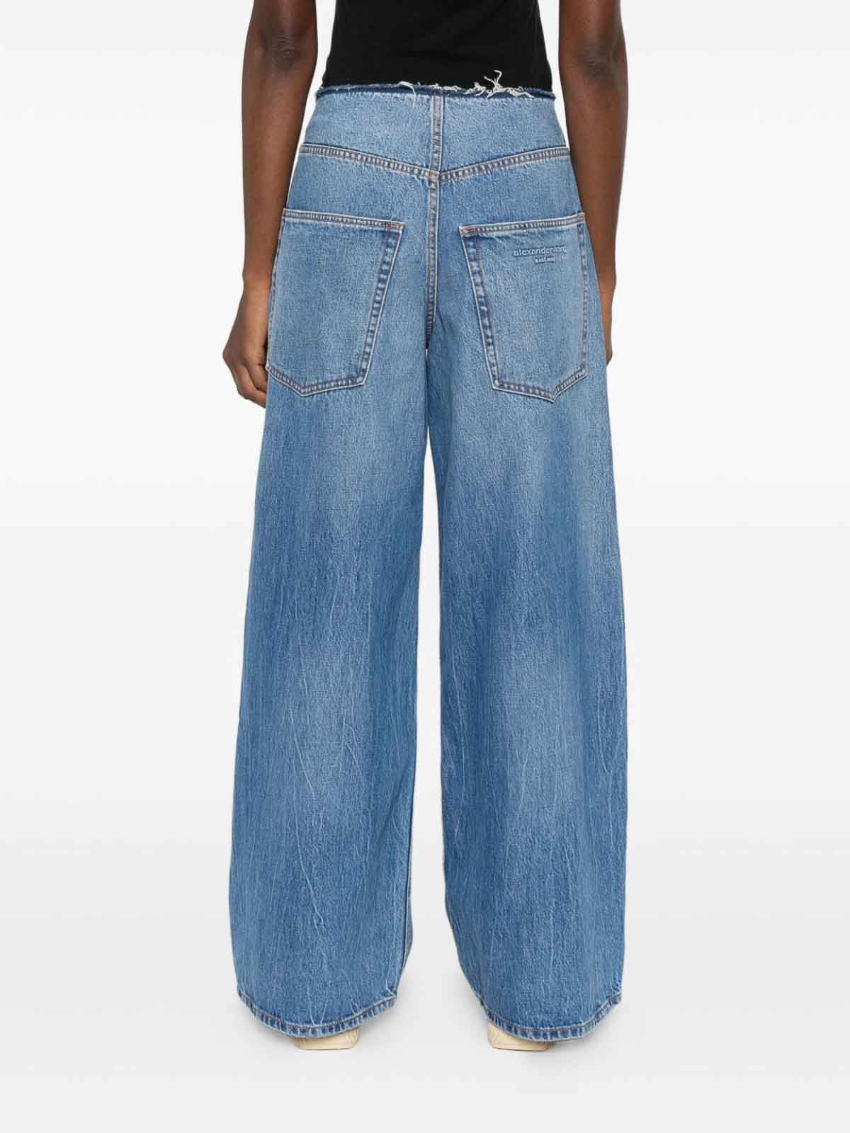 Alexander Wang Frayed Waist Wide Leg Zip-up Jeans In Blue