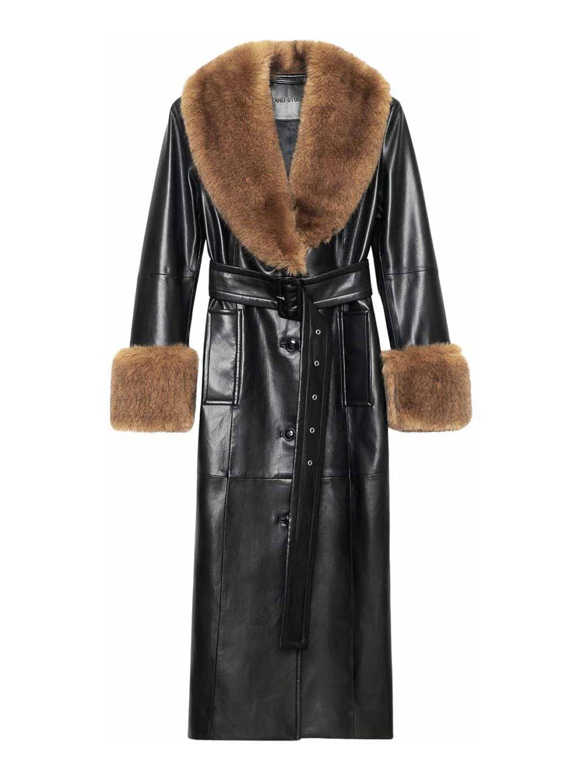 Stand Studio Long Leather Coat With Faux Fur In Brown