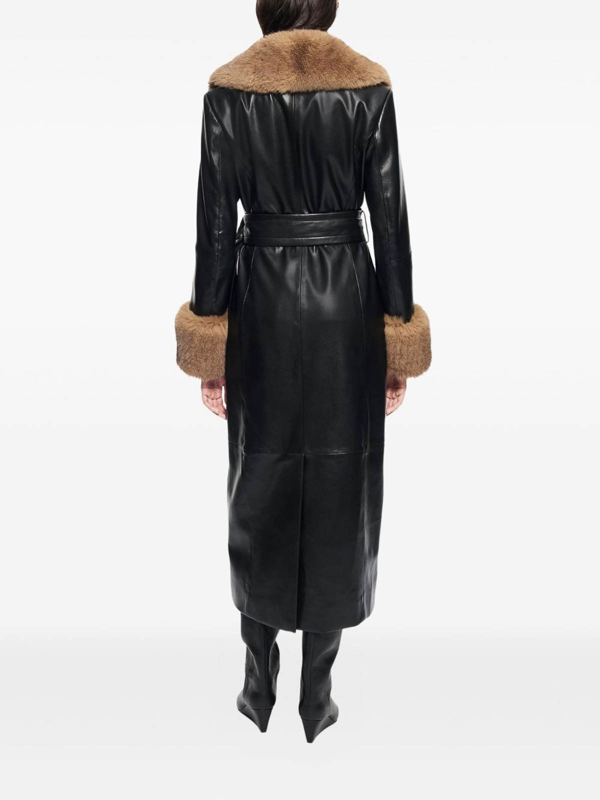 Stand Studio Long Leather Coat With Faux Fur In Brown