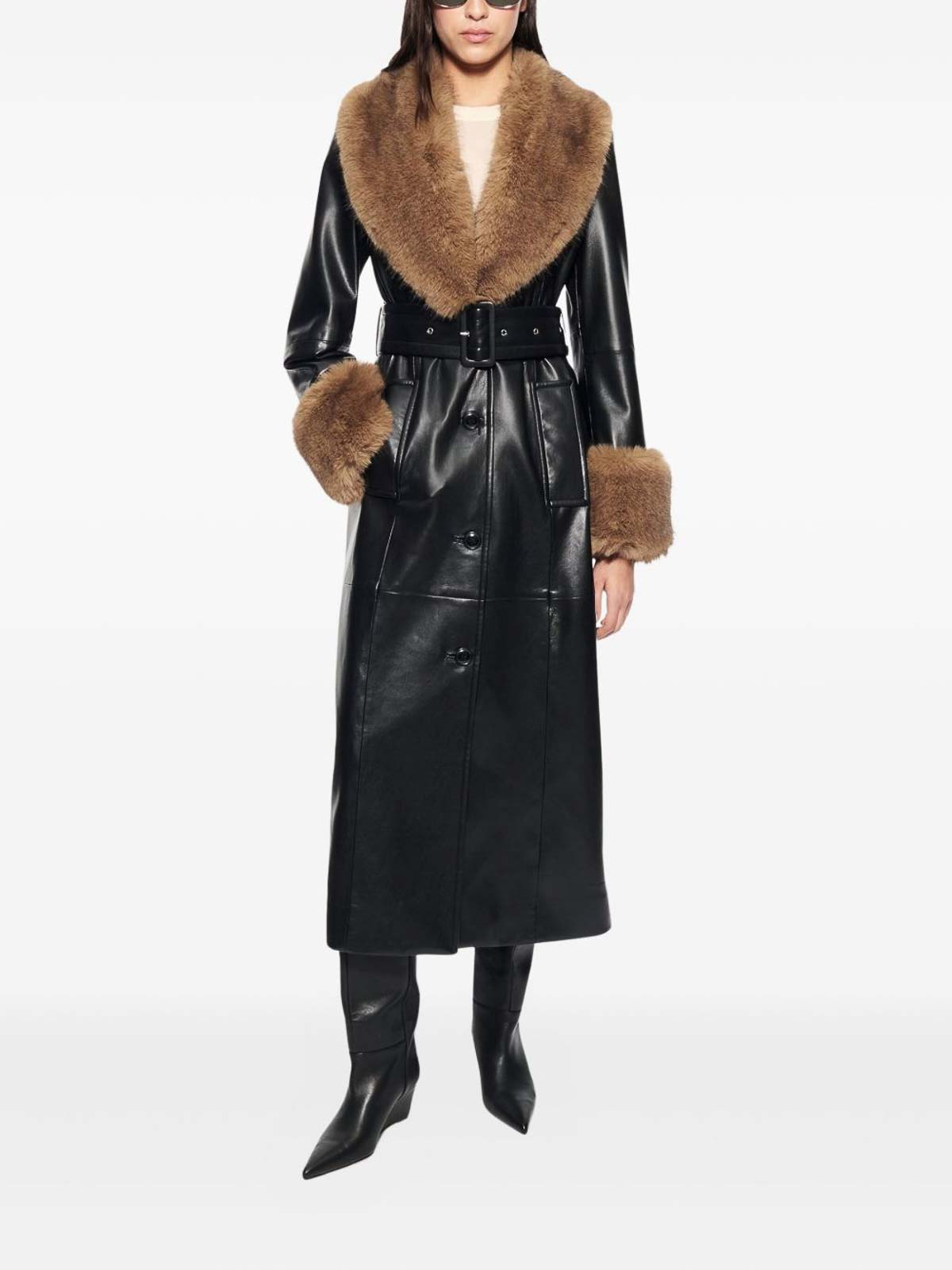 Stand Studio Long Leather Coat With Faux Fur In Brown