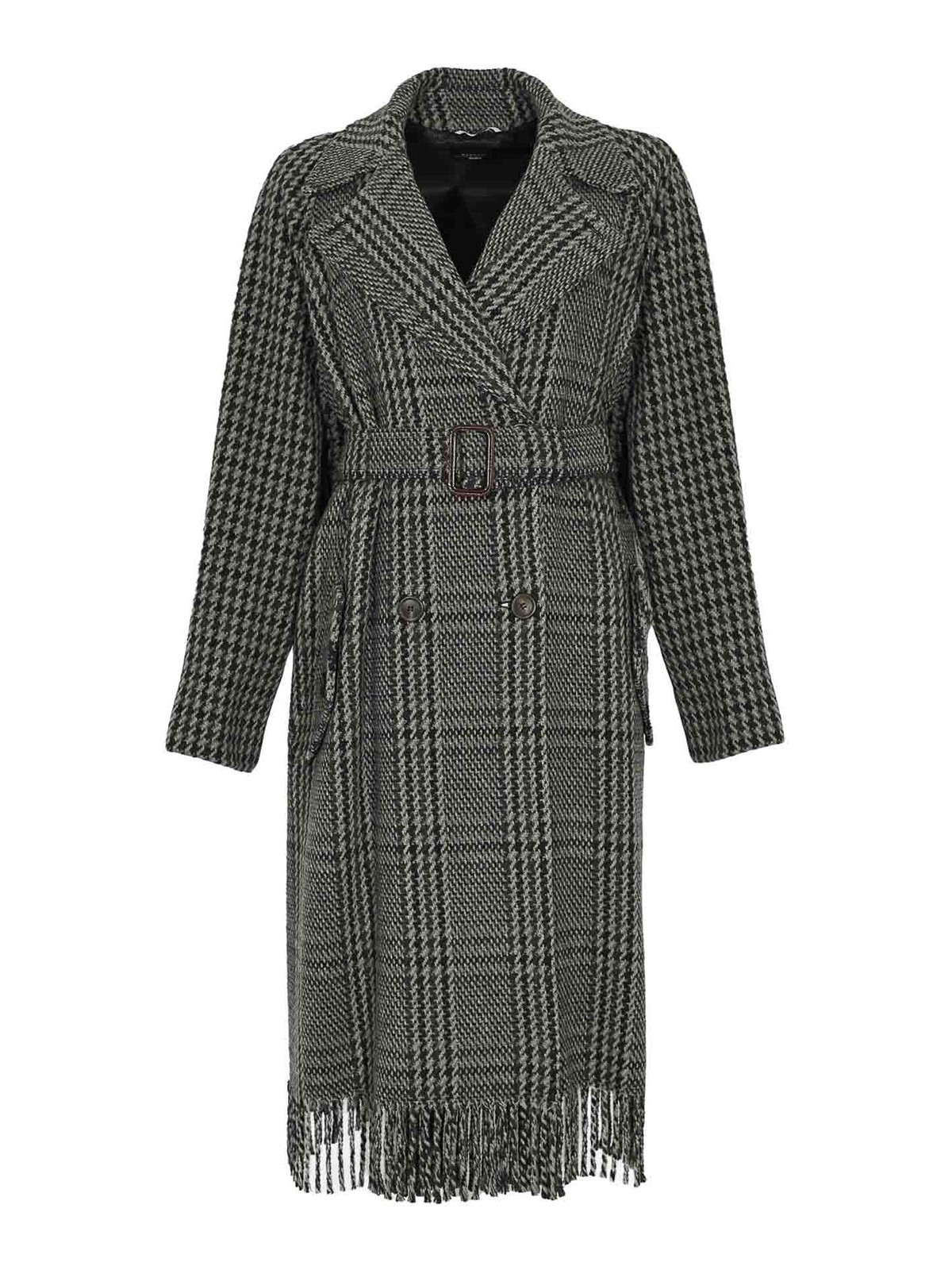 Weekend Max Mara Carpi Coat In Pied De Poule Wool With Fringes In Gray