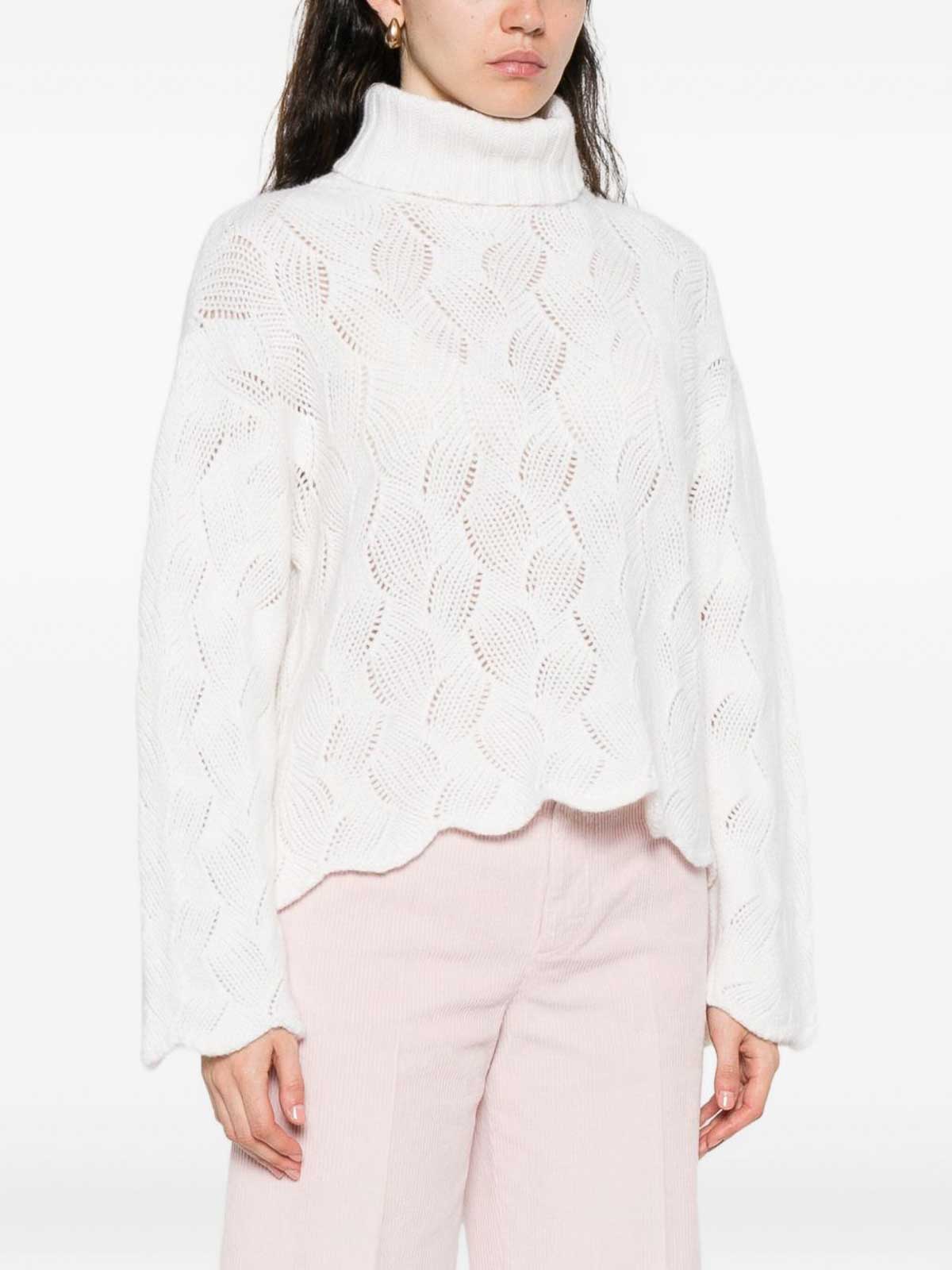 Twinset Textured Cable Knit Sweater With High Turtleneck In White