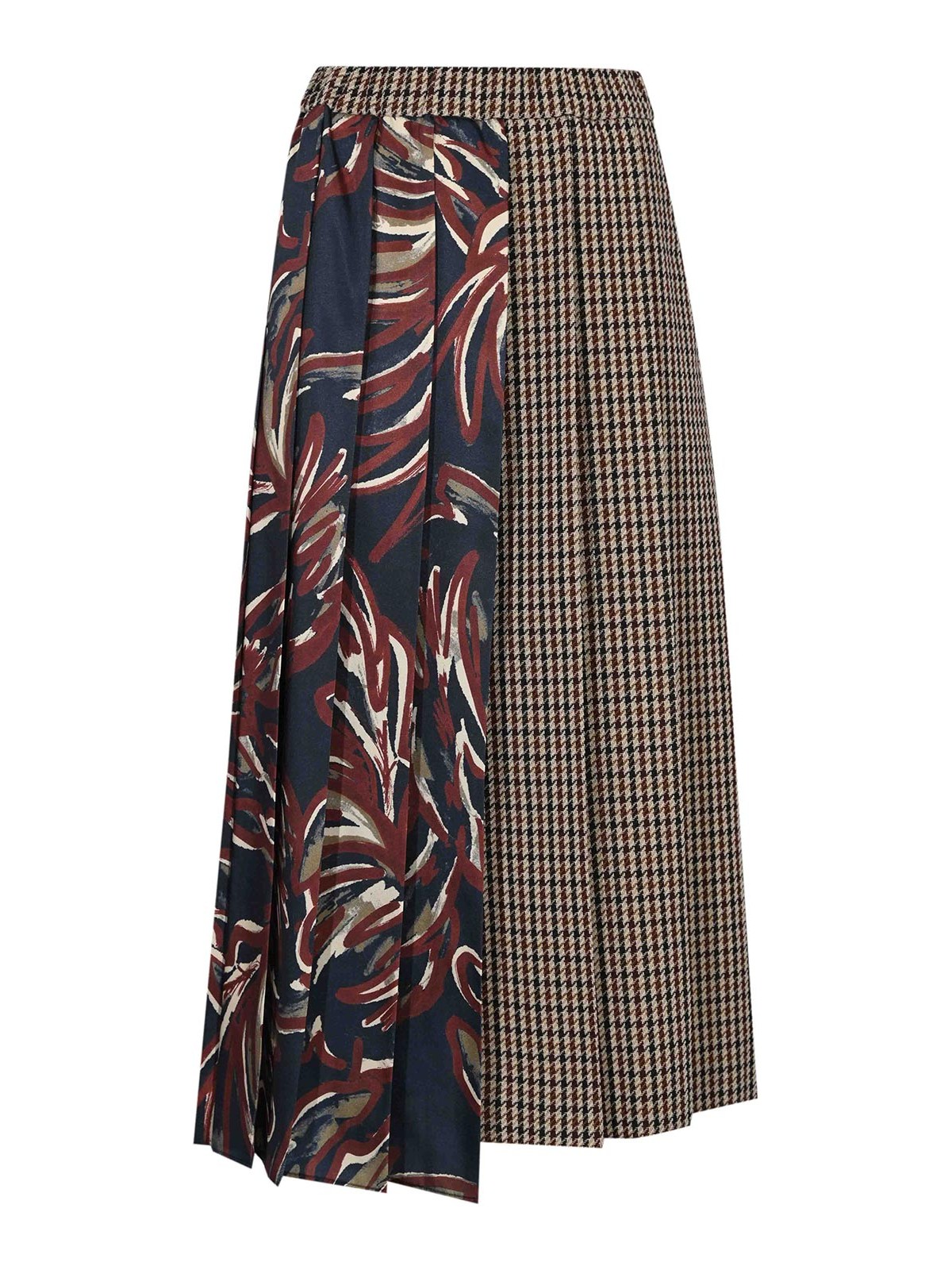 Weekend Max Mara Fanale Pleated Skirt In Pied De Poule Wool In Burgundy
