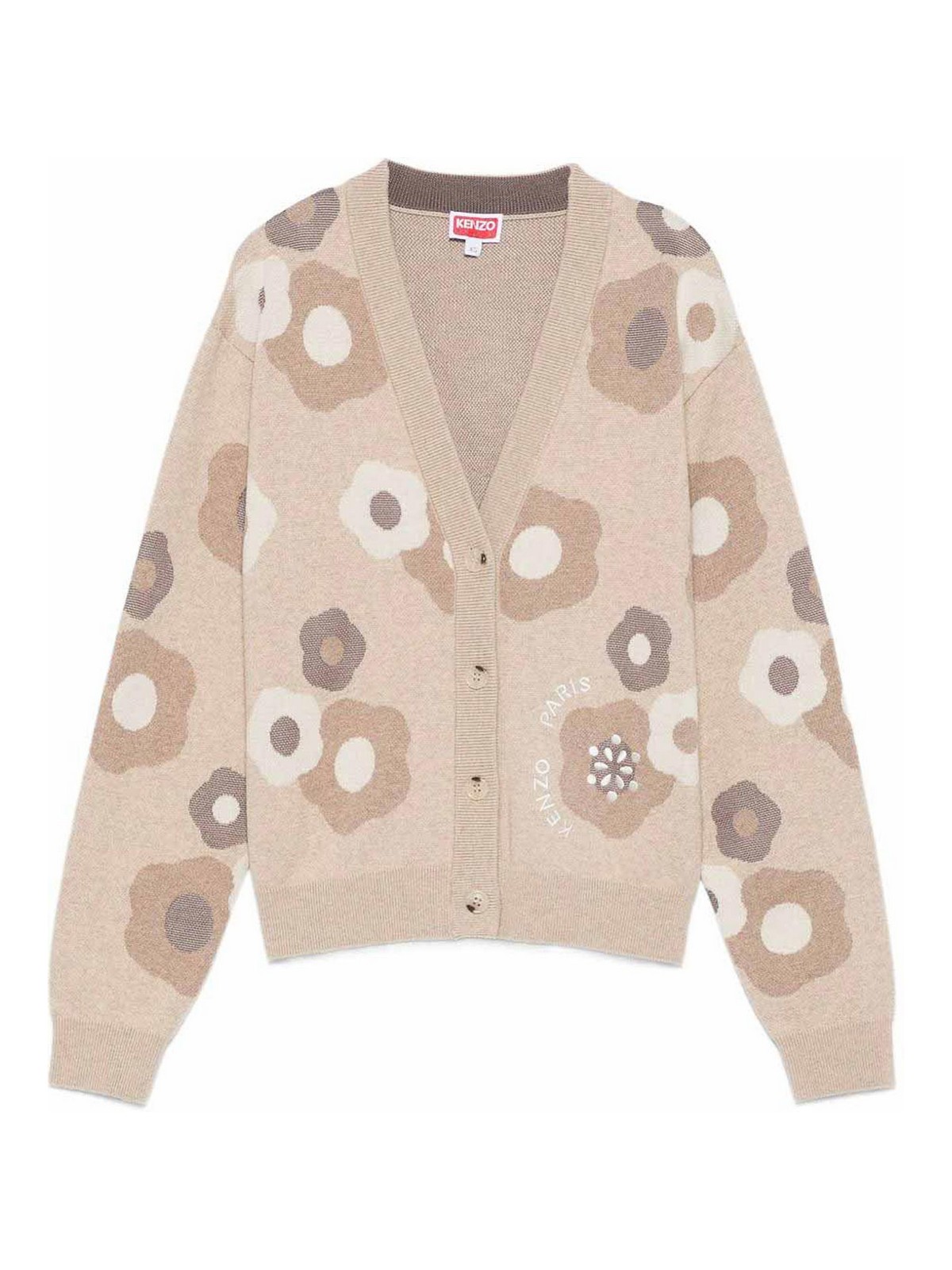 Kenzo Embroidered Cardigan In Mixed Cotton Wool In Sand