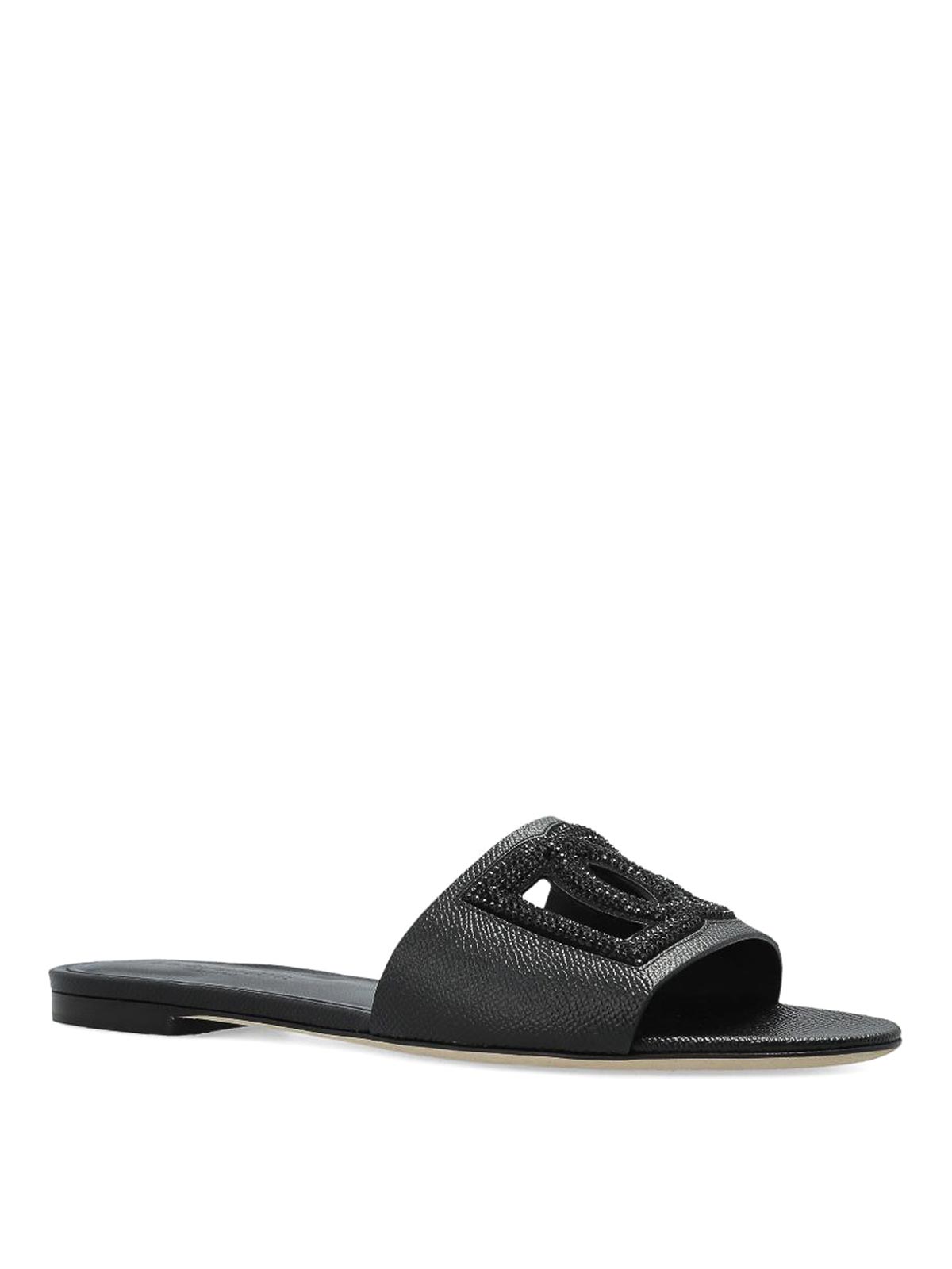 Dolce & Gabbana Dg Logo Leather Flat Sandals In Black