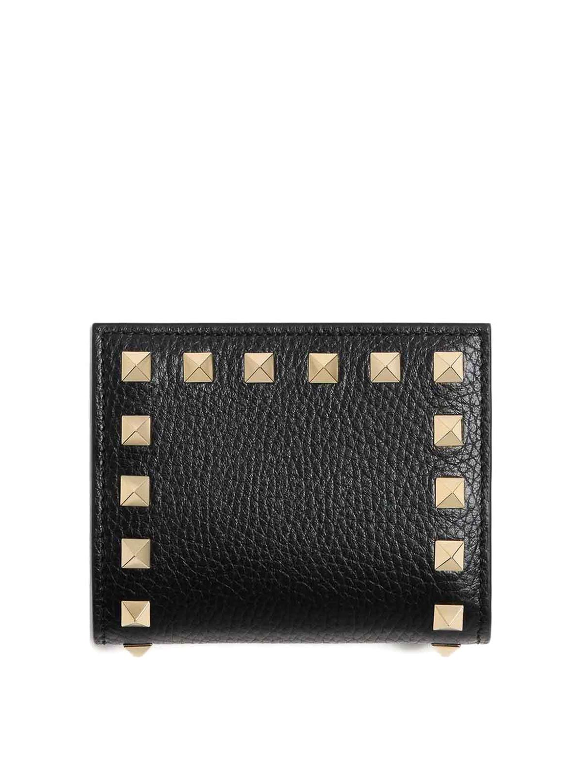Valentino Garavani Rockstud Grainy Leather Flap Wallet In Black