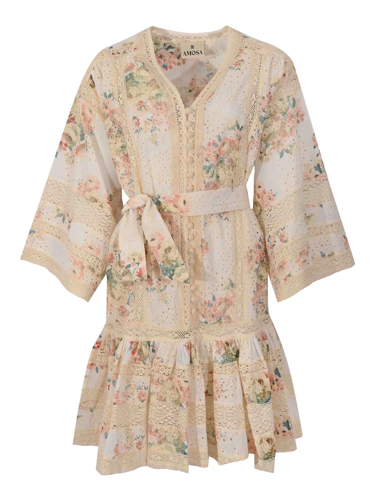 Amosa Cotton Sangallo Lace Dress With Floral Print In Neutral