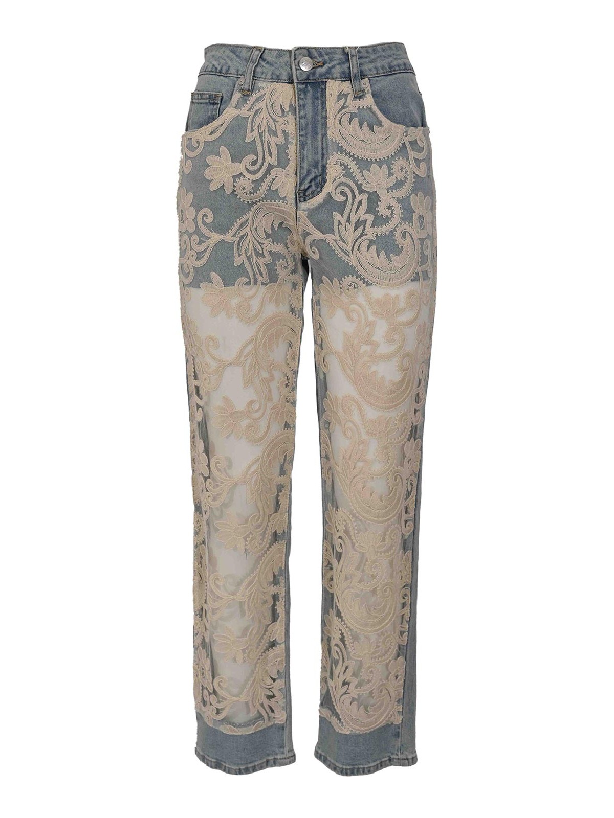 Jeans In Denim Con Inserti In Pizzo