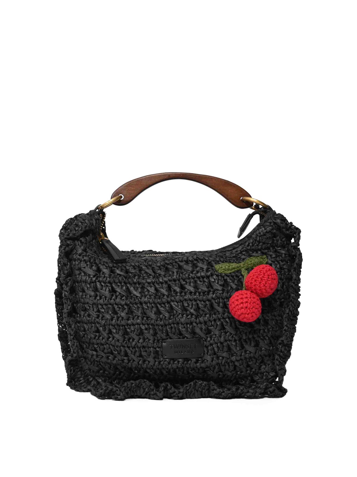 Borsa Croissant In Rafia Crochet Con Ciliegie