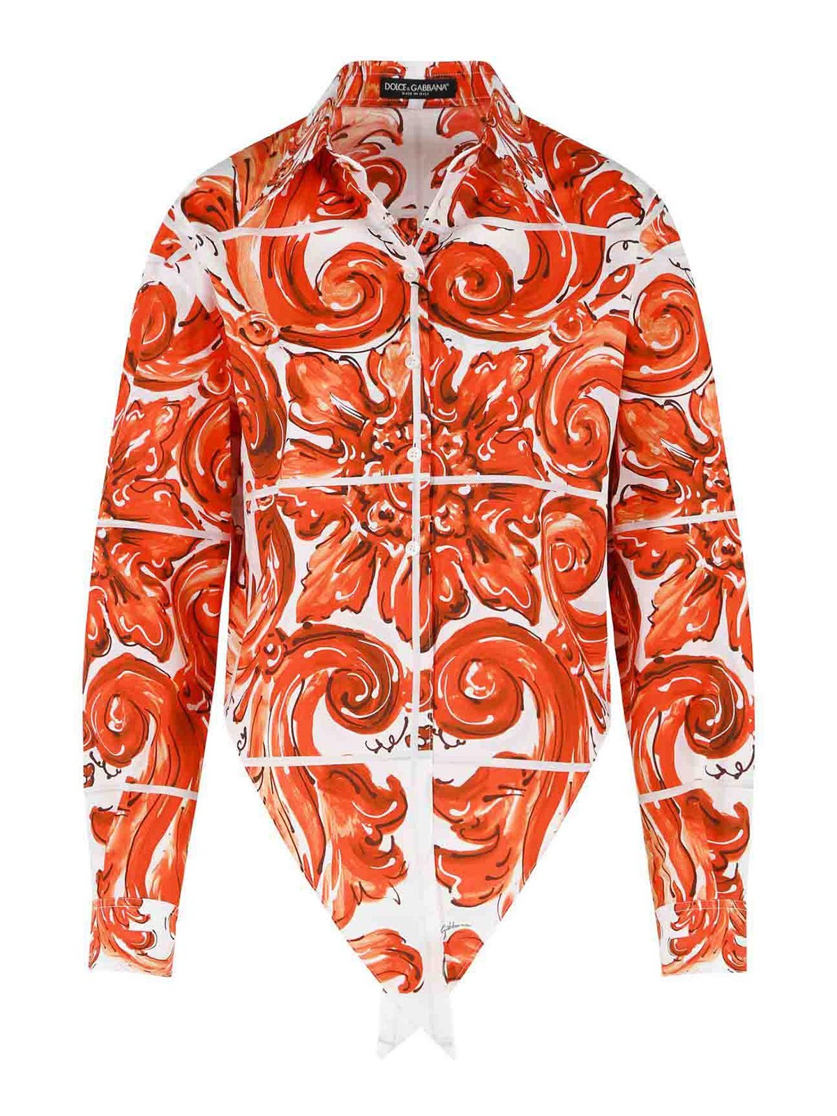 Dolce & Gabbana Majolica Print Cotton Poplin Shirt In Orange