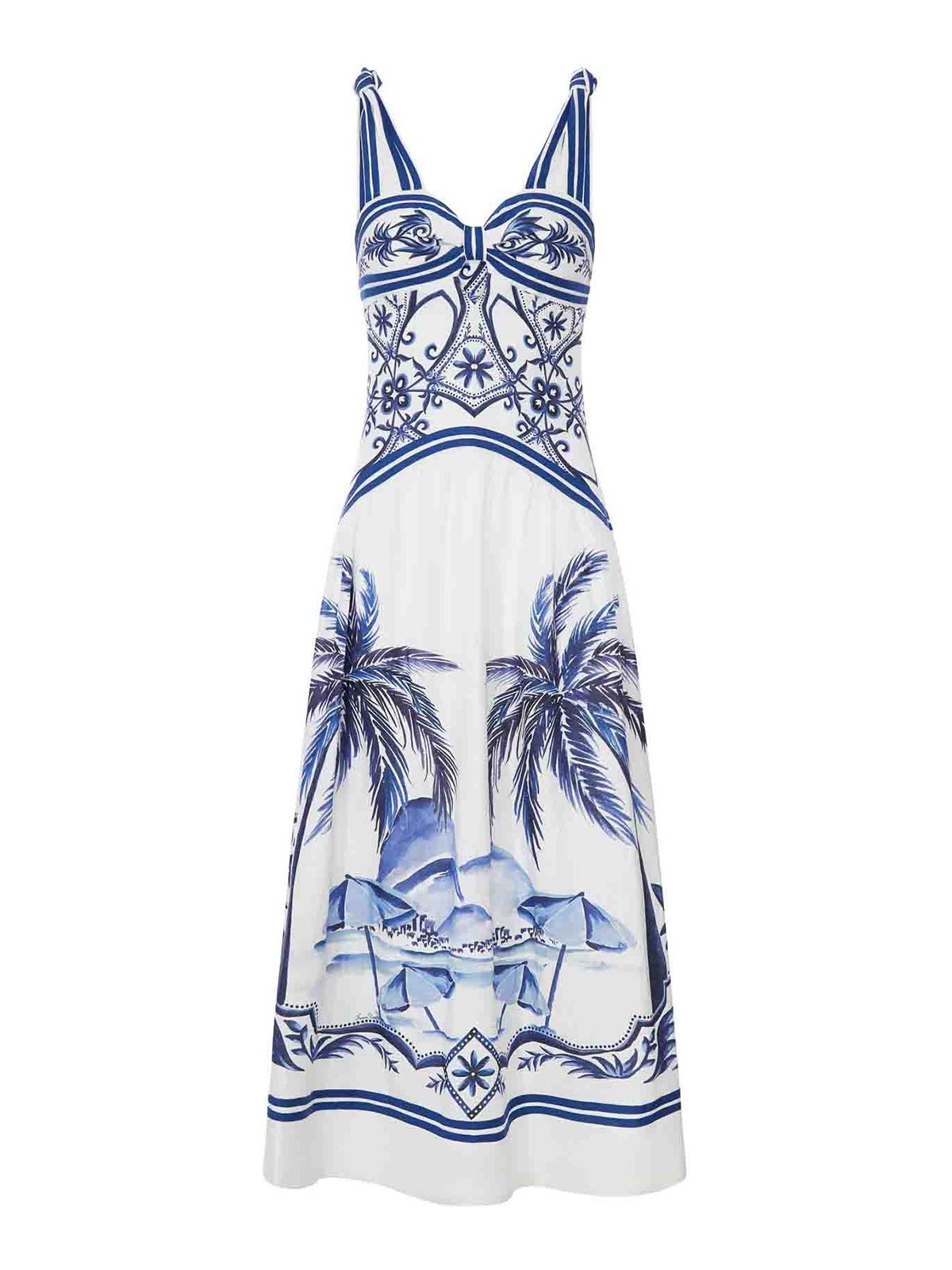 Farm Rio Long Linen Dress With Tropical Print In White