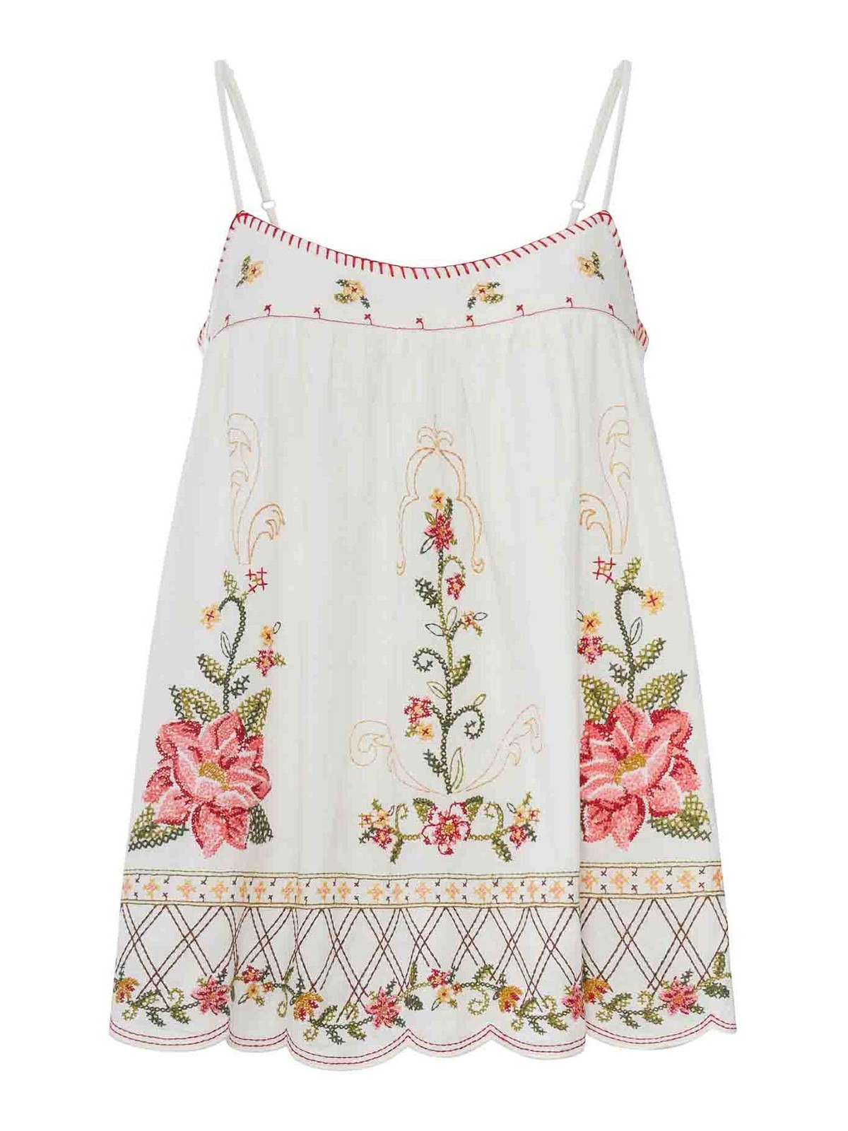Farm Rio Linen Blend Top With Floral Embroidery In White