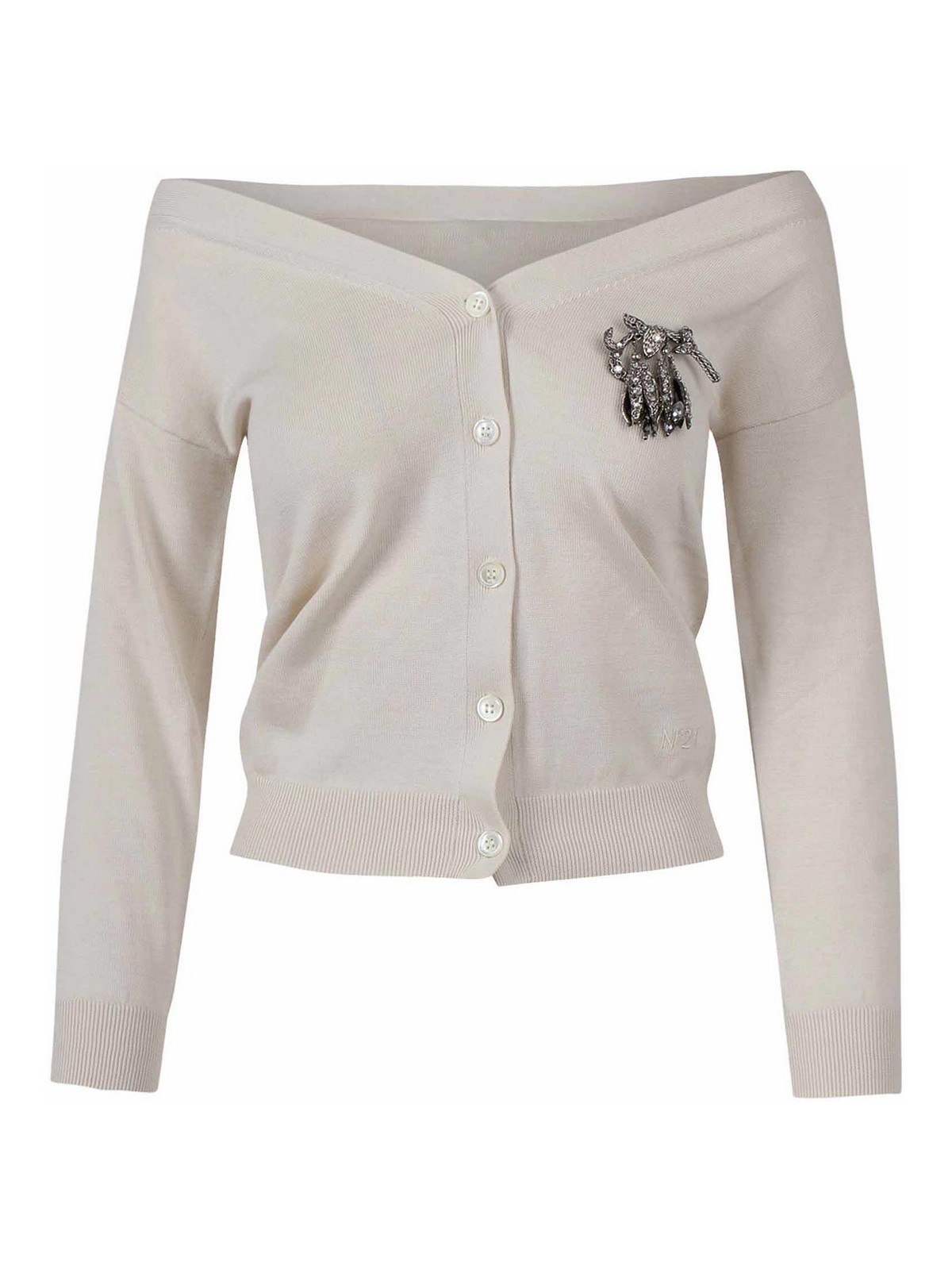 N°21 Boat-neck Cardigan With Brooch In White
