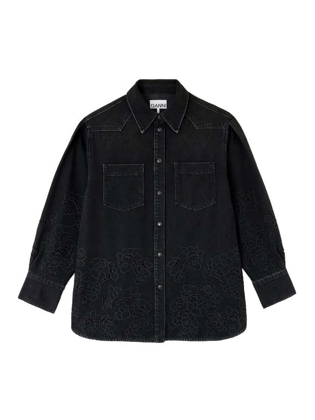 Ganni Broderie Anglaise Denim Loose Shirt In Black