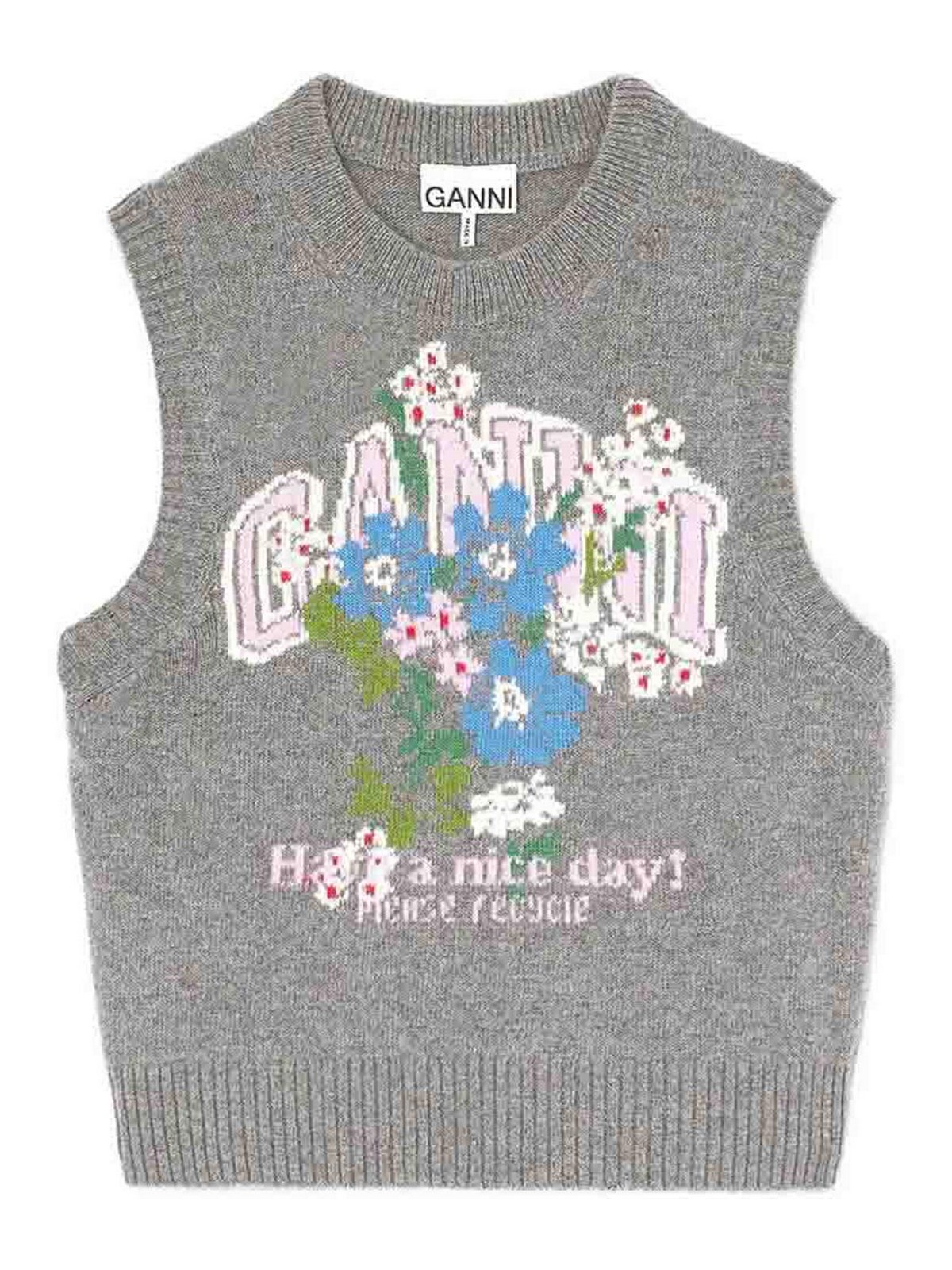 Ganni Graphic Wool Vest Flowers In Grey