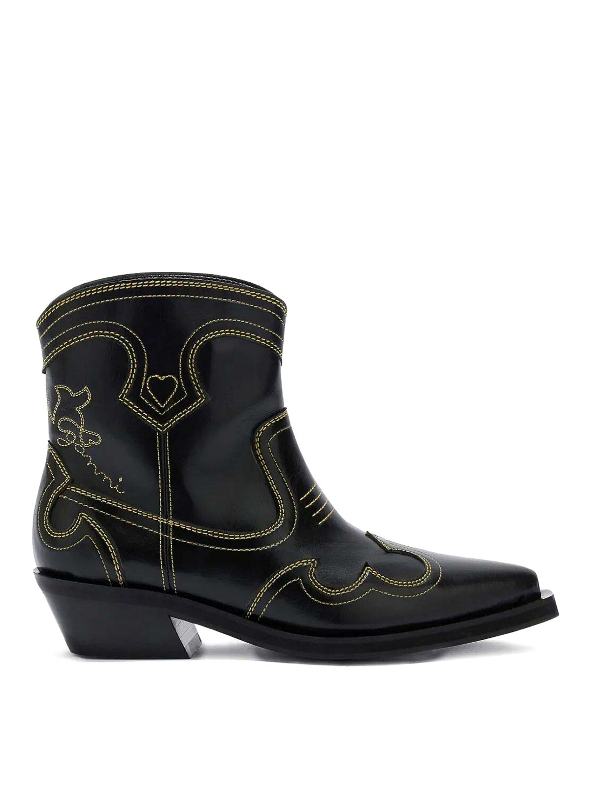Ganni Low Shaft Embroidered Western Boot Oleatex In Yellow