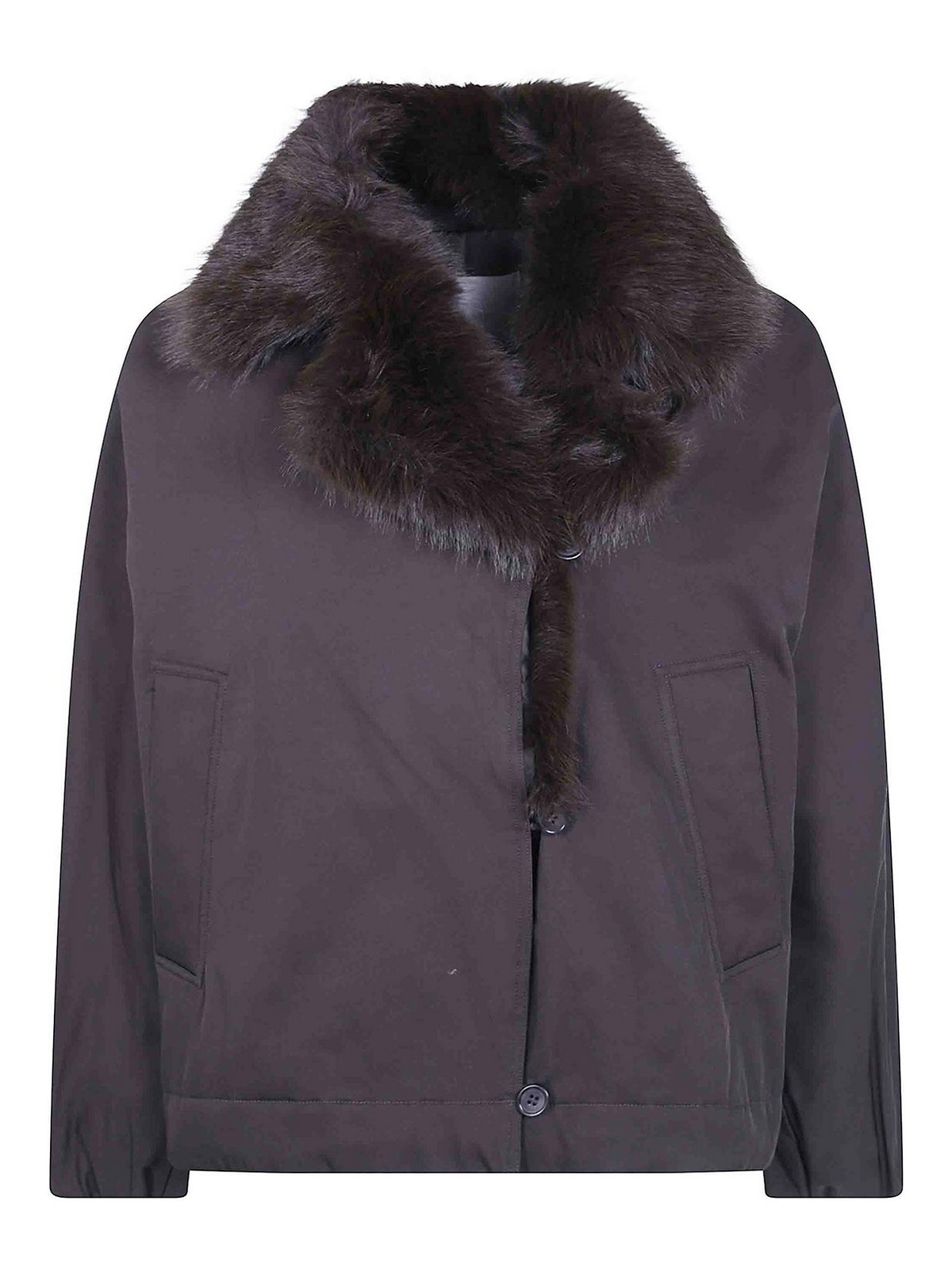 Twinset Faux Fur Neck Bomber Jacket In Brown