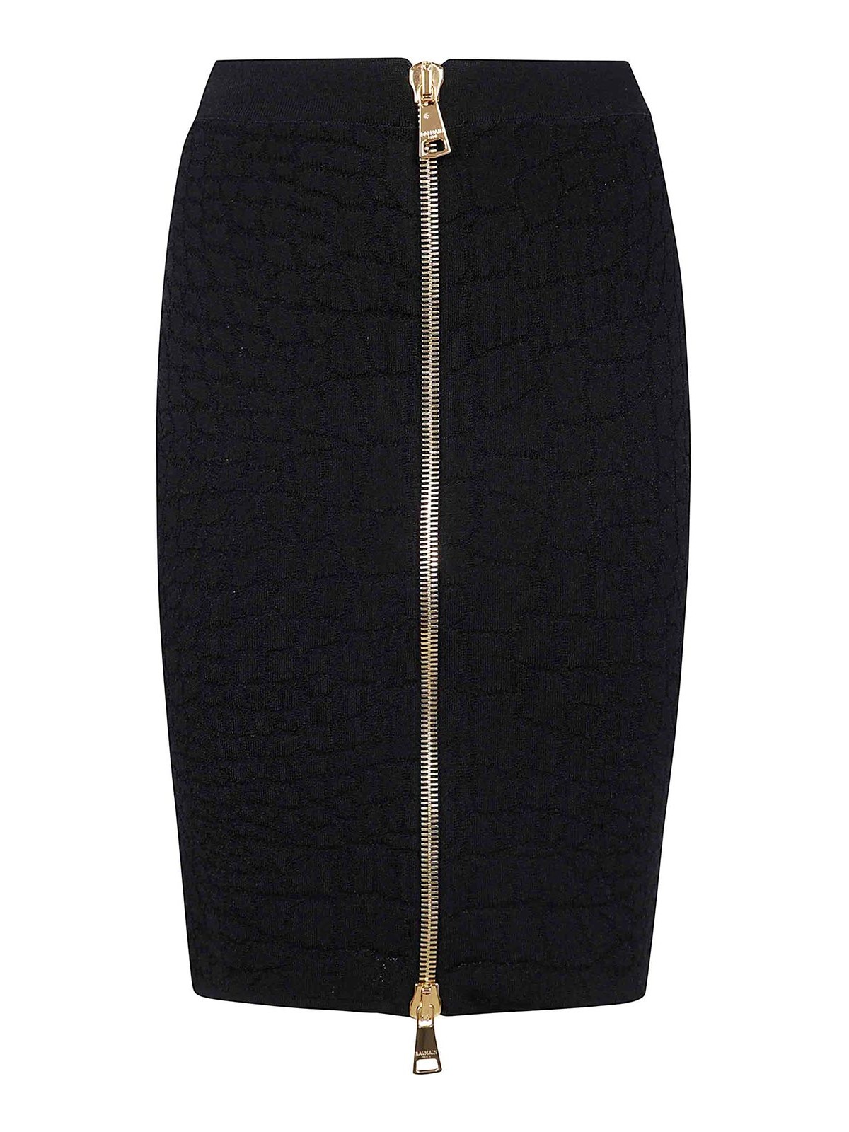 Balmain Hw Zipped Croco Knit Knee Lenght Skirt In Black