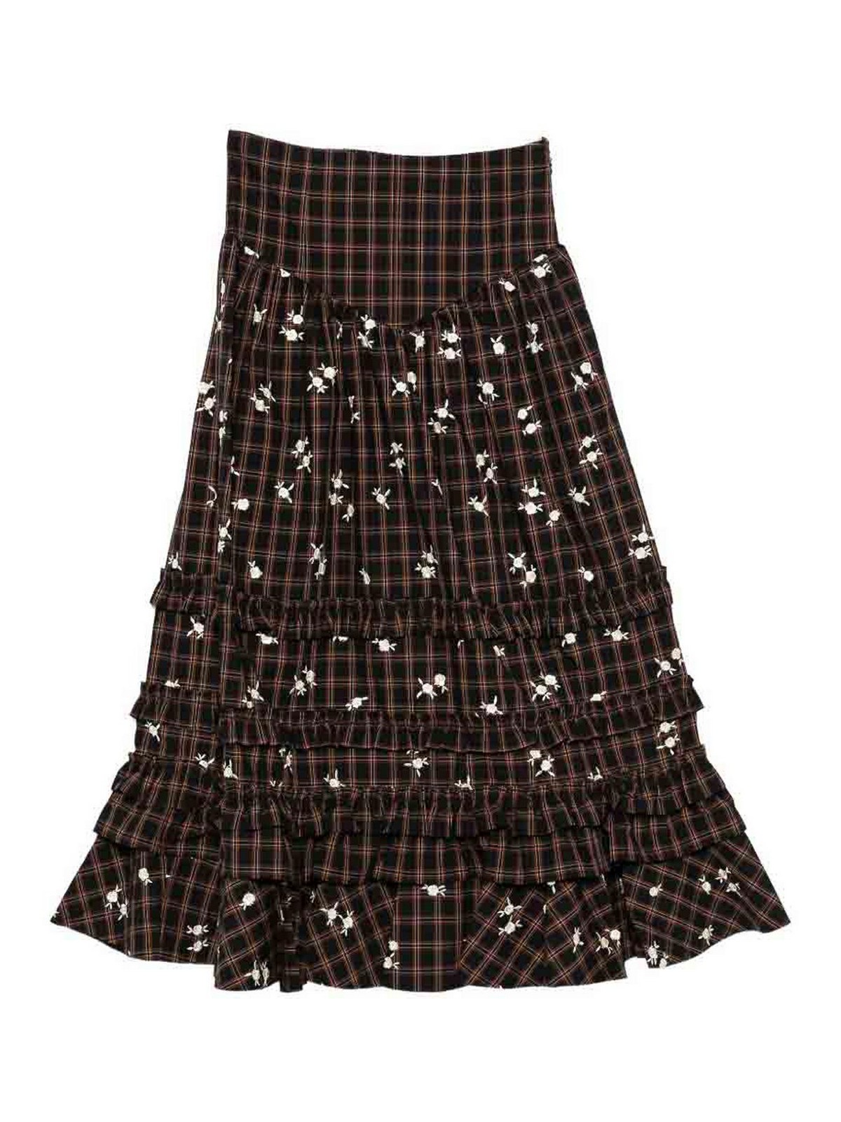 Ganni Checked Midi Skirt With Floral Embroidery In Multicolour