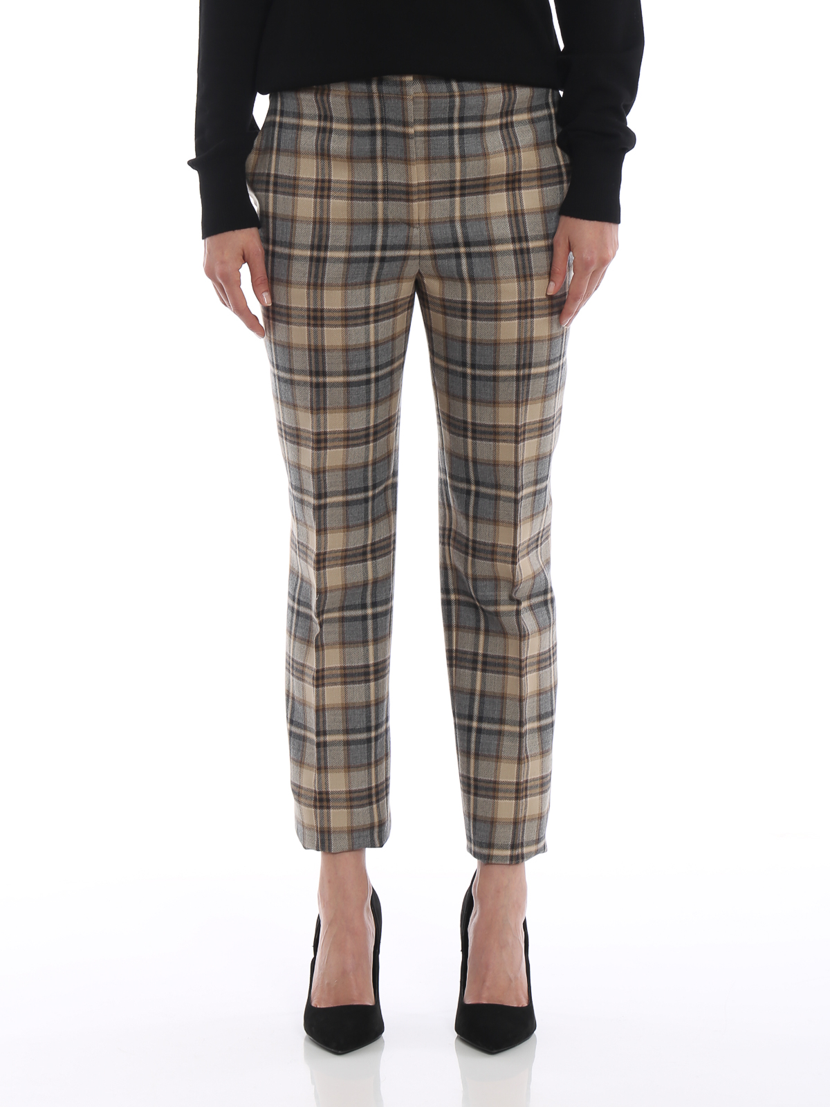 check cigarette trousers Alberta Ferretti Grey and beige check wool cigarette trousers|031466481081