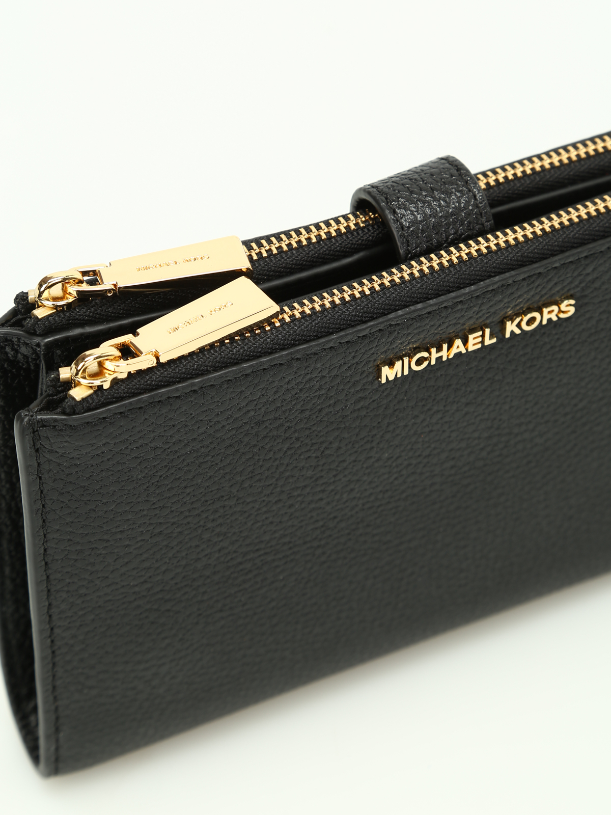 New Michael Kors Black Leather Gold Double Zip Wallet Wristlet