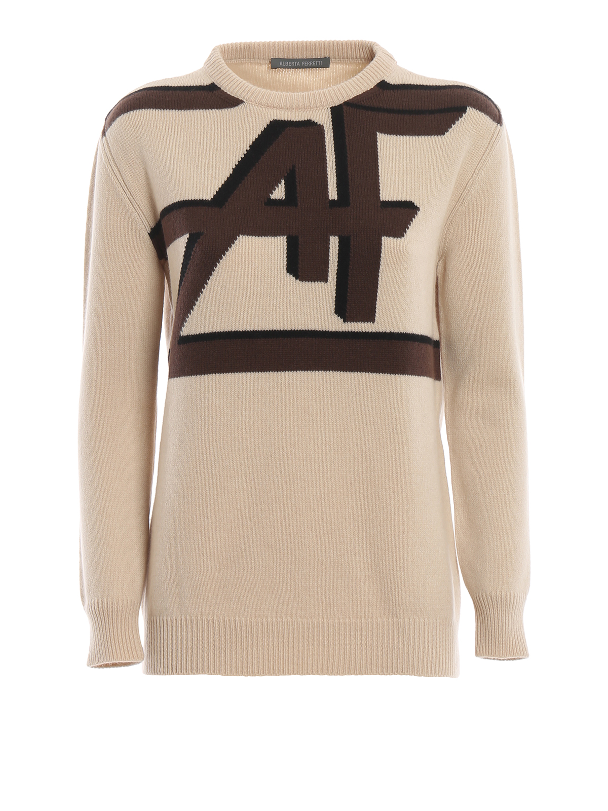 Shop Alberta Ferretti Logo Intarsia Wool And Cashmere Sweater In Beige