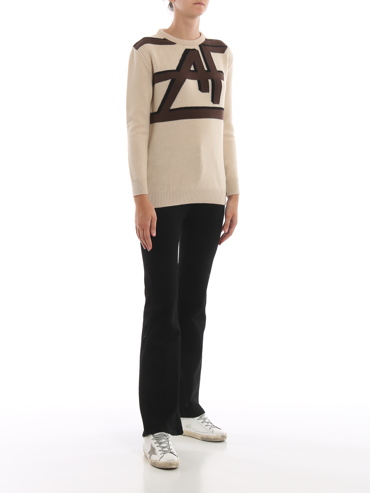 Shop Alberta Ferretti Logo Intarsia Wool And Cashmere Sweater In Beige