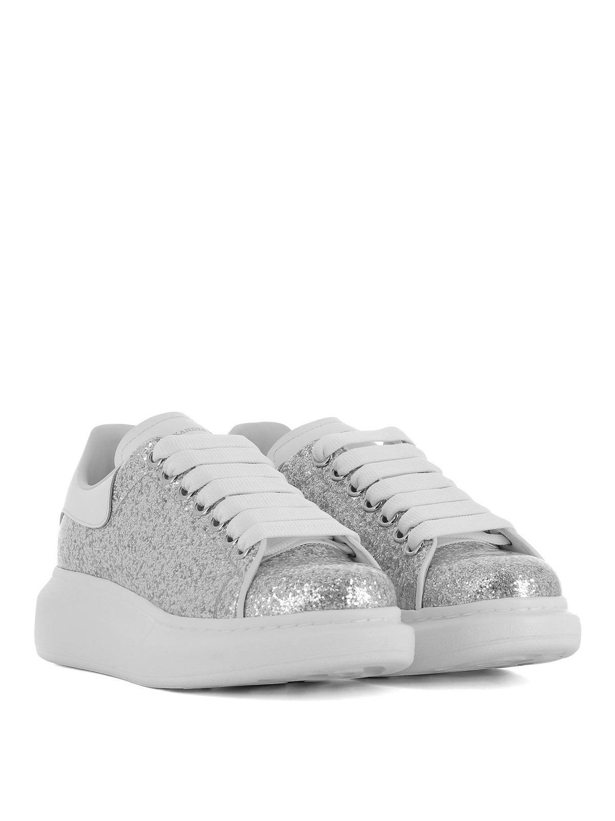 Alexander McQueen Oversized White And Silver Glitter Sneakers New