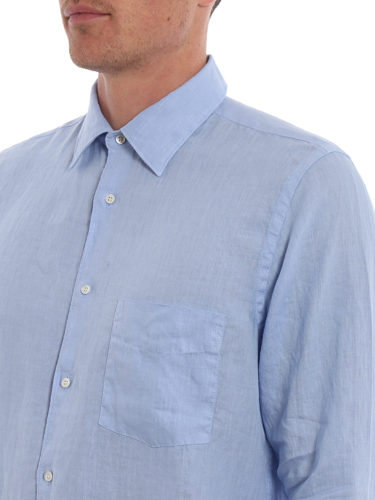 Shop Aspesi Linen Shirt With Patch Pocket In Light Blue