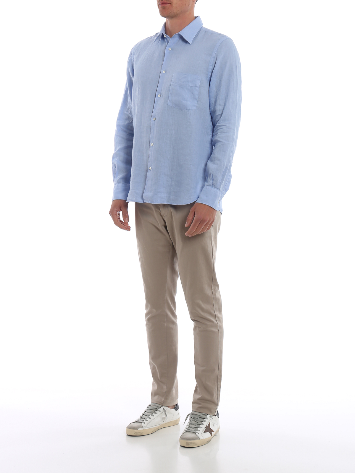 Shop Aspesi Linen Shirt With Patch Pocket In Light Blue