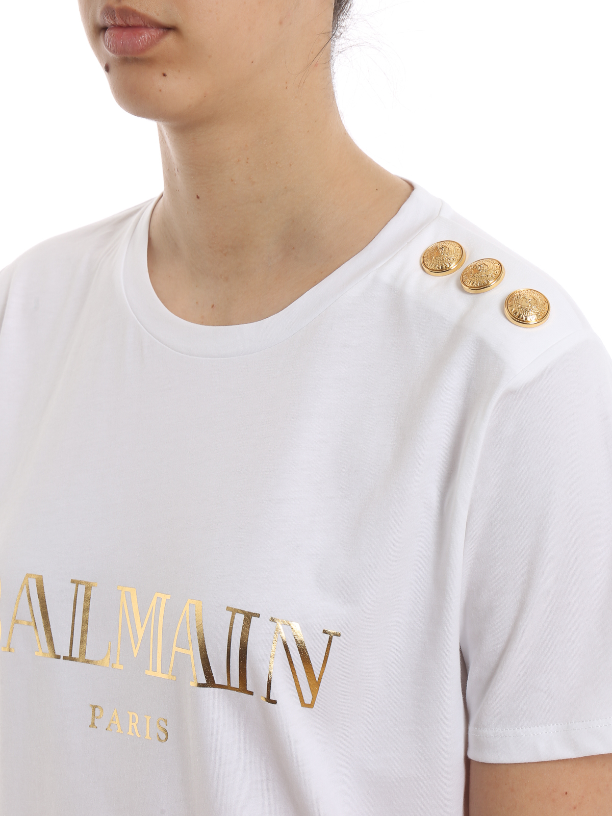 Forudsætning en anden direkte T-shirts Balmain - Gold logo white cotton T-shirt - RF01322I170GAD