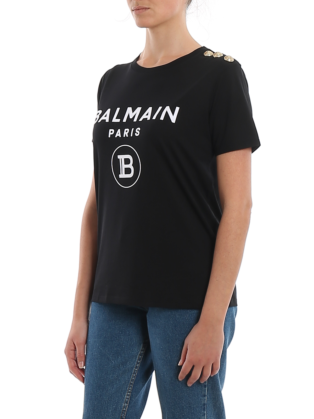 fætter belønning Enumerate T-shirts Balmain - Logo print cotton T-shirt with golden buttons -  TF11350I386EAB