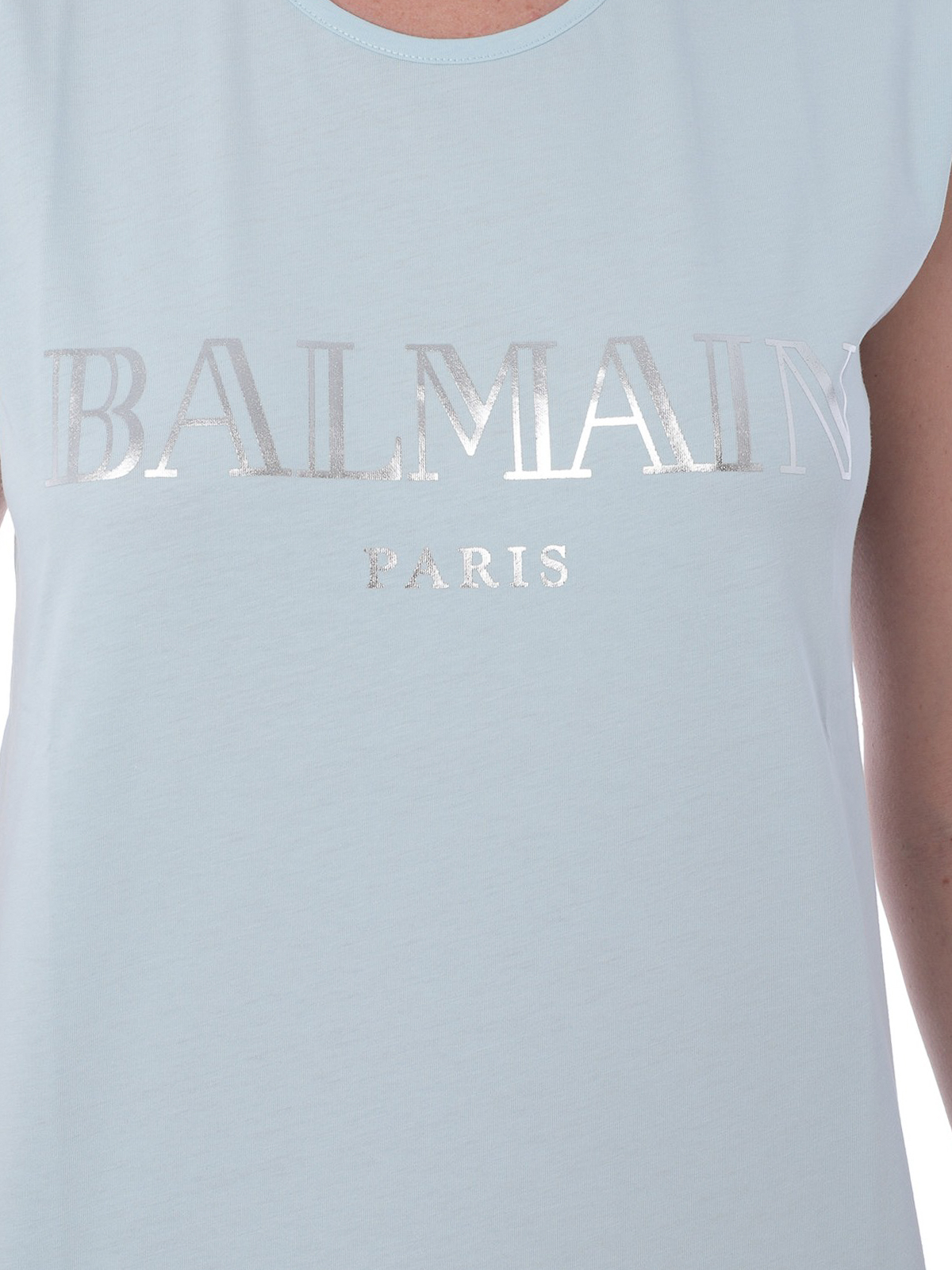 Shop Balmain Logo Print Light Blue Cotton Tank Top