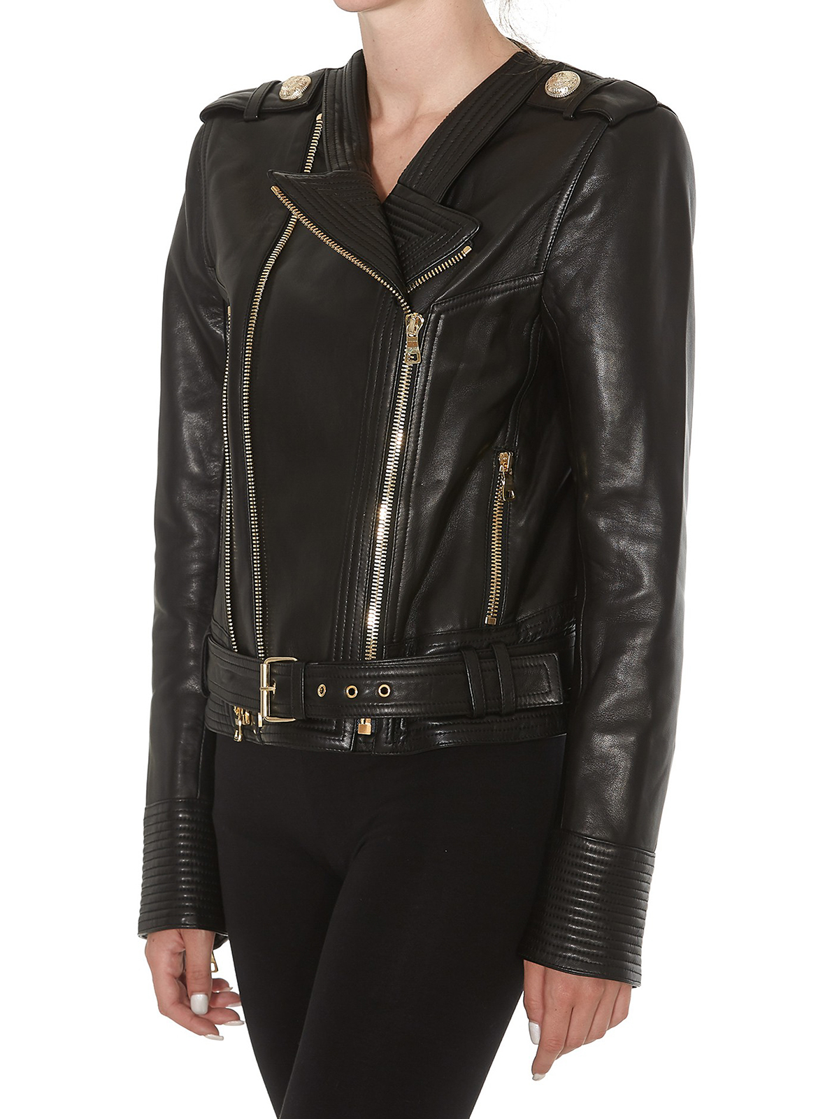 Leather jacket Balmain - Golden button leather biker - SF18347L0690PA