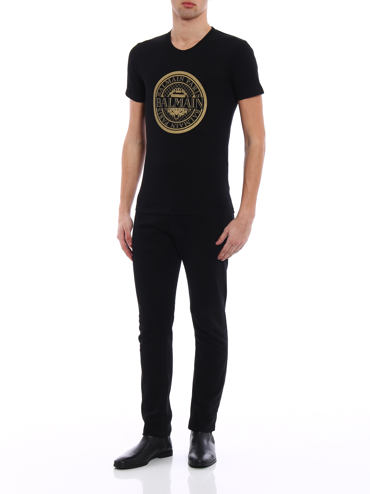 Balmain Gold logo cotton T-shirt - Black - Men | S8H8601I156176