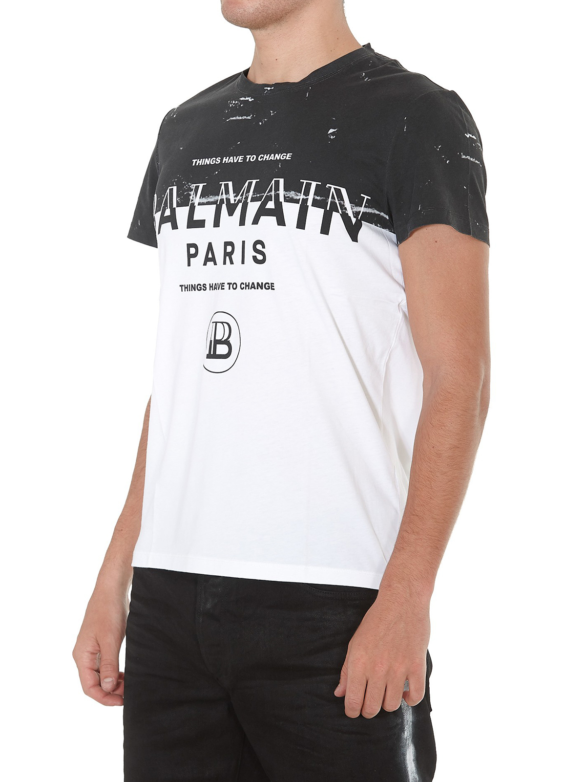 Balmain Two-tone logo print T-shirt - White - Men|SH01601I232EAB