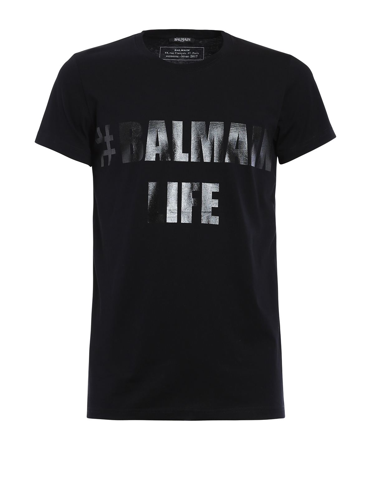 Tシャツ・カットソー BALMAIN BLACK COTTON CREWNECK T-SHIRT WITH LOGO Balmain Men's Cotton Logo Crewneck T-Shirt | Neiman Marcus