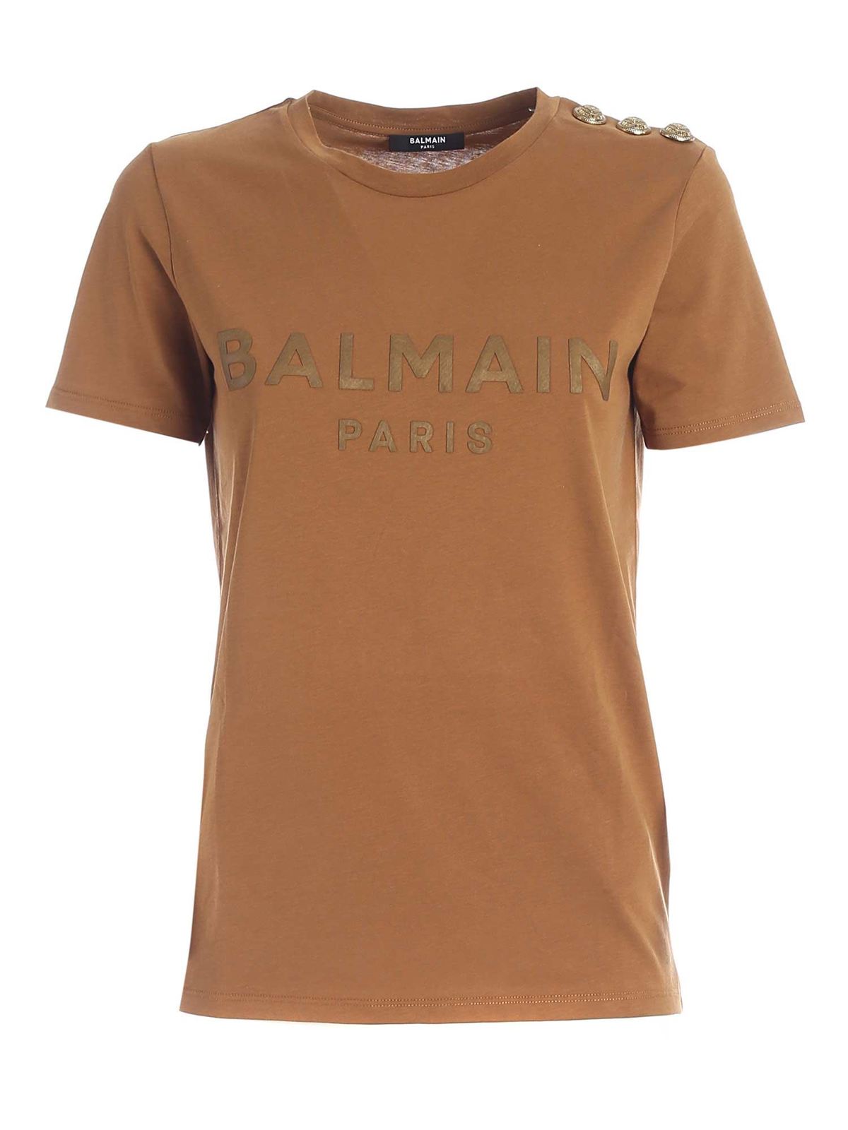 Balmain Buttons on the shoulder T-shirt in camel colo|UF01350I5918KJ