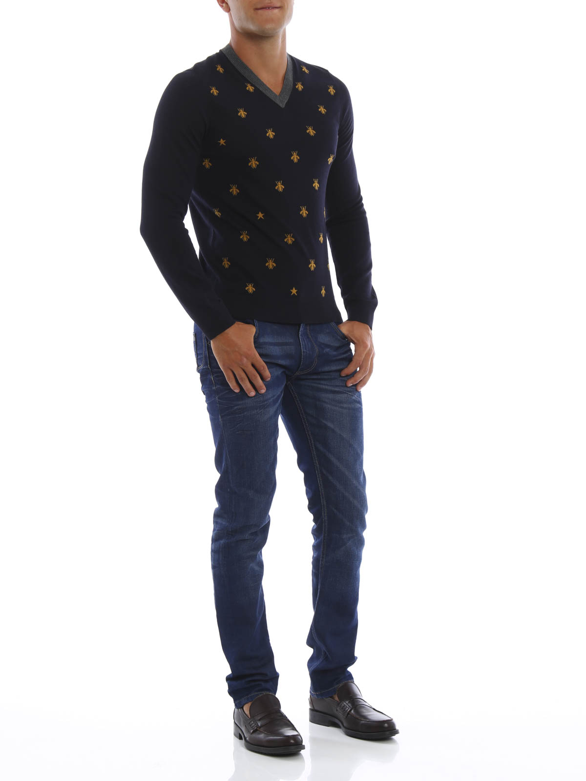 GUCCI ネイビー Vネックセーター 蜂刺繍　ＢＴＳ着用 Gucci Bee and star V-neck - Blue - Men|431749X13114559