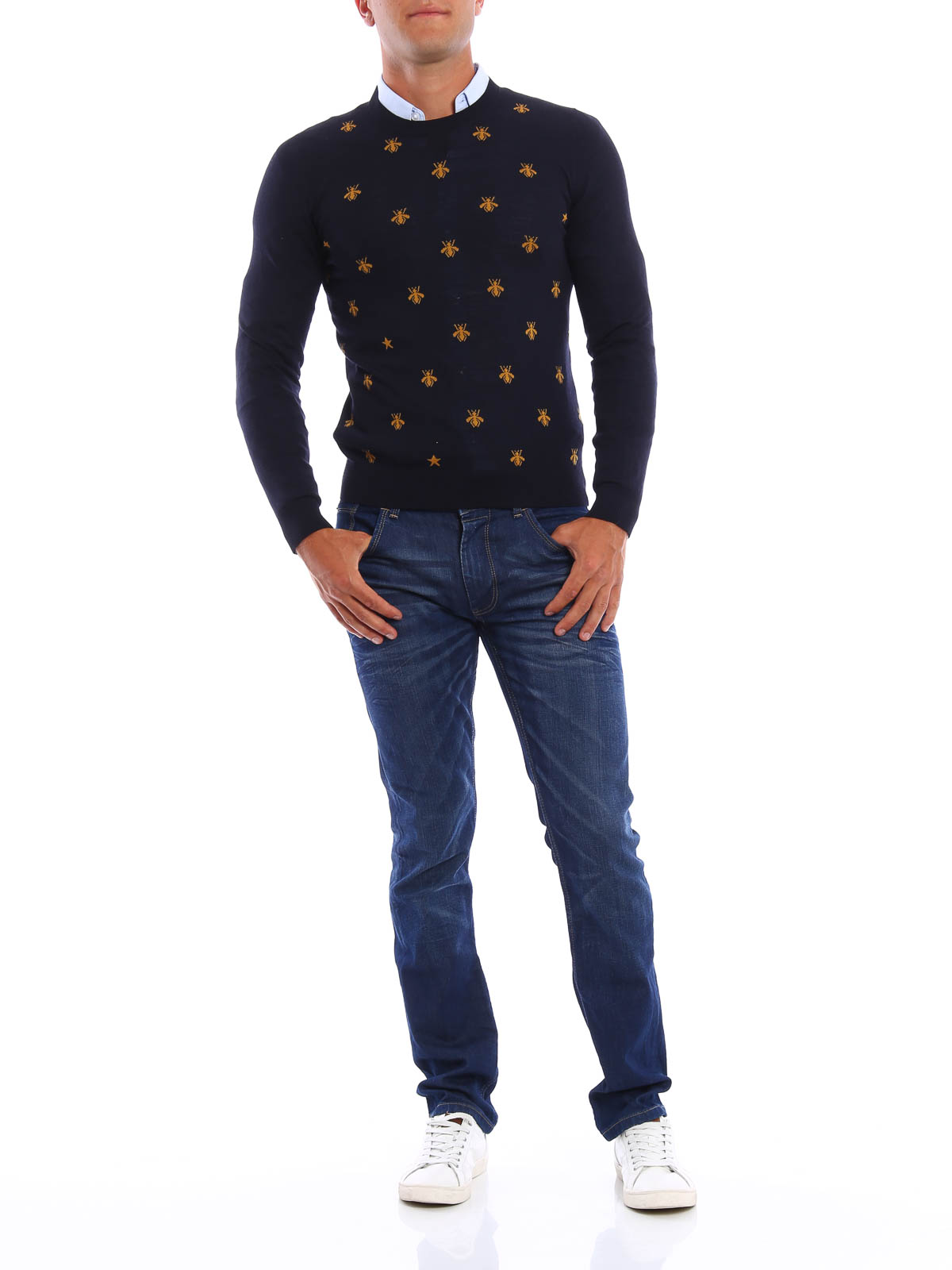 グッチ  431748 X1311 BEEエンブロイダリーラムウールニット メンズ M Gucci Bee embroidery wool crewneck - Dark Blue|431748X13114559