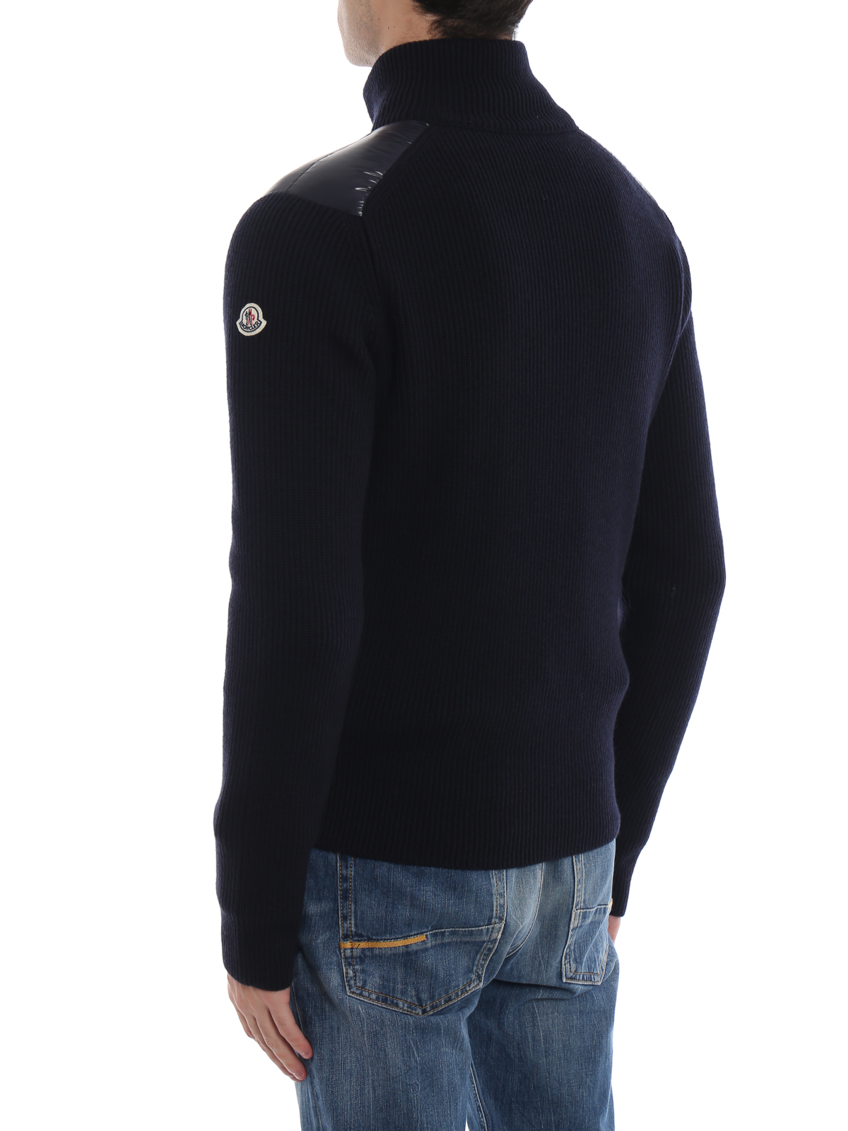Moncler Blue knit wool and padded nylon zip cardigan