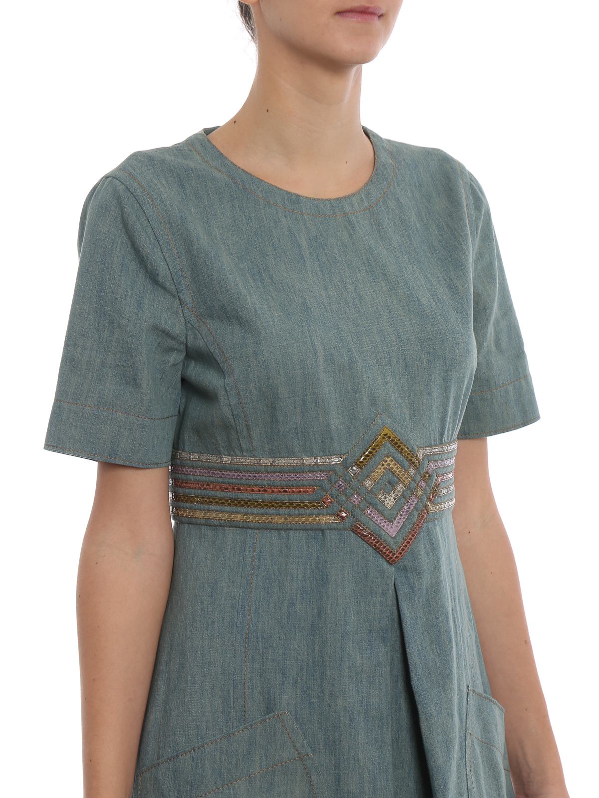 bottega veneta denim dress Bottega Veneta // Denim Panelled Embellished Dress  VSP Consignment