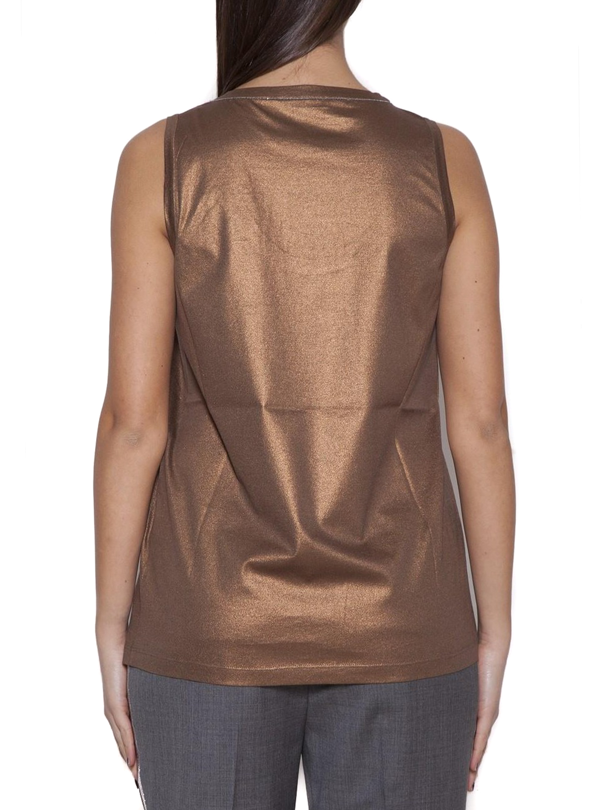 Brunello Cucinelli Bronze lamé cotton jersey top|MH909D8510C392