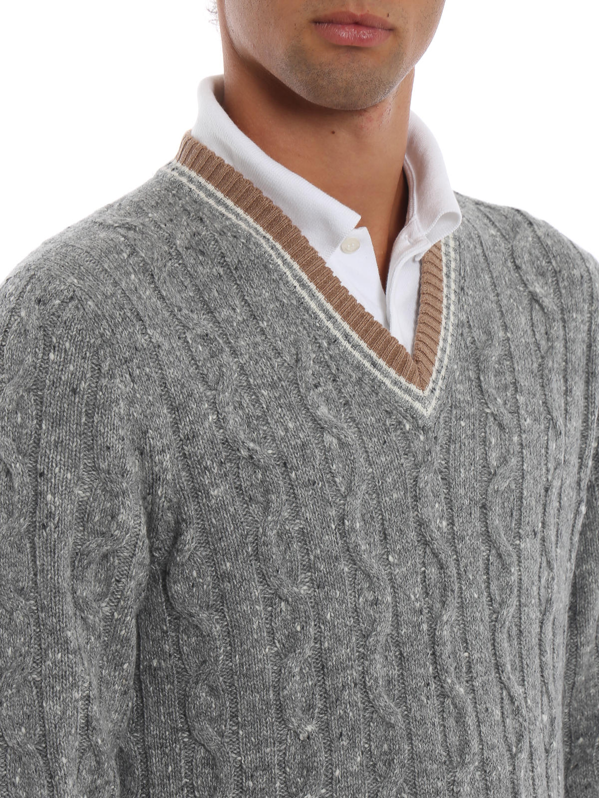 V necks Brunello Cucinelli - Grey melange cable knit V-neck