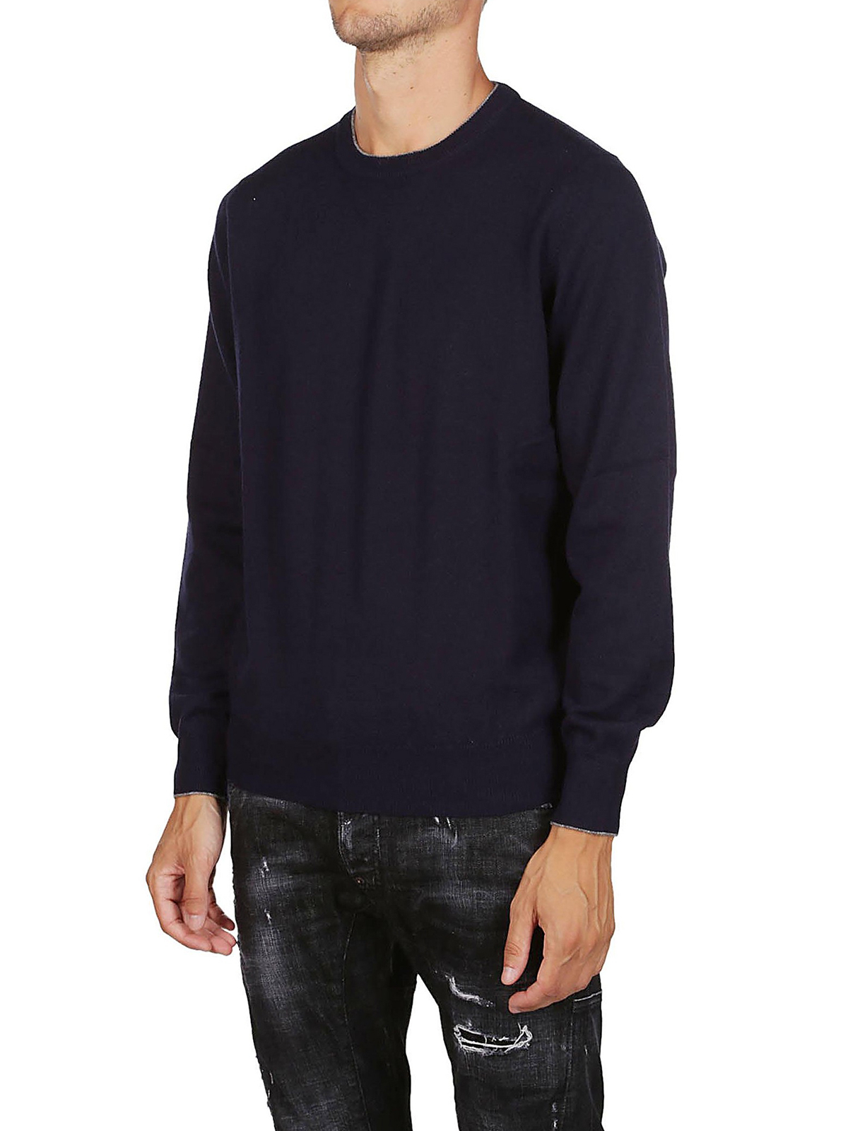 Shop Brunello Cucinelli Ribbed Edges Detail Cashmere Crew Neck In Azul Oscuro