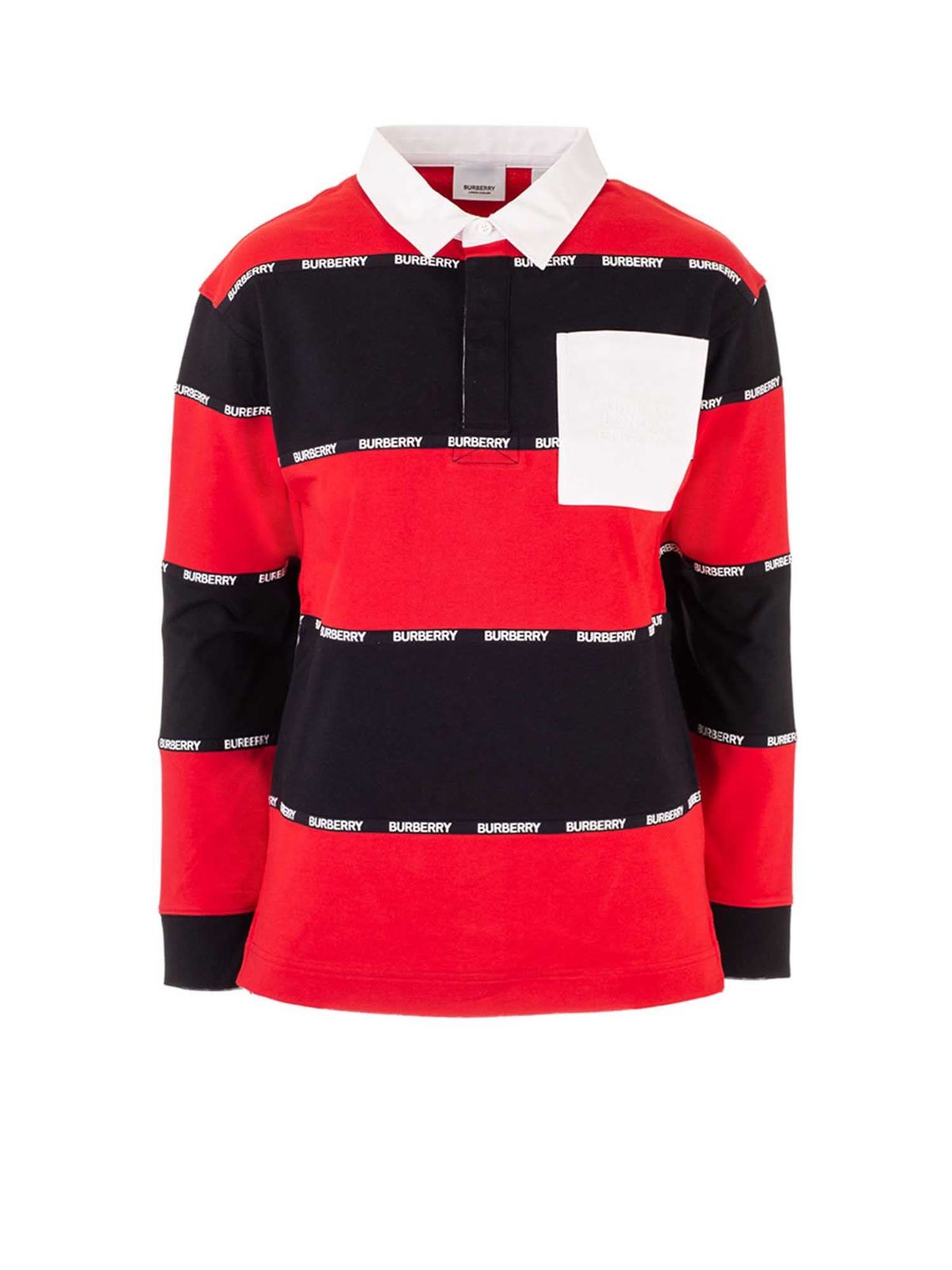 Polo Shirts Burberry - Logo Tape Striped Polo Shirt In Red And Black -  8032642