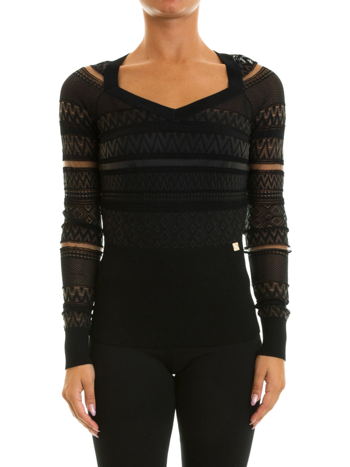 ROBERTO 2024 CAVALLI Black Textured V-Neck Sweater